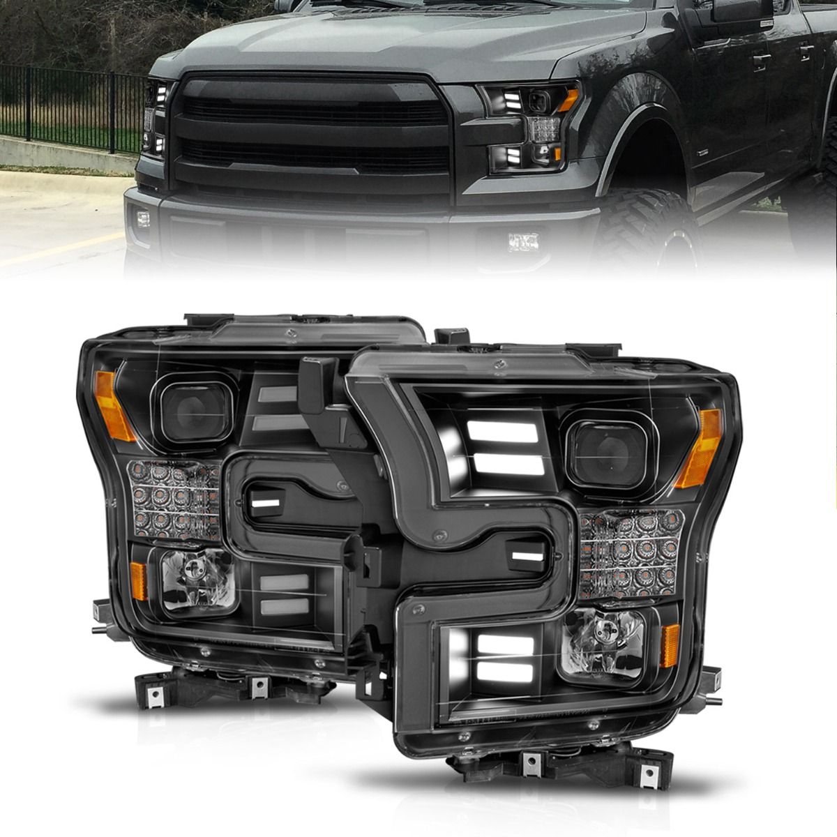 2015-2017 FORD F-150 PROJECTOR LIGHT W/ BAR STYLE LIGHT BLACK HOUSING / AMBER (SEQUENTIAL SIGNAL) (FOR HALOGEN MODELS ONLY)