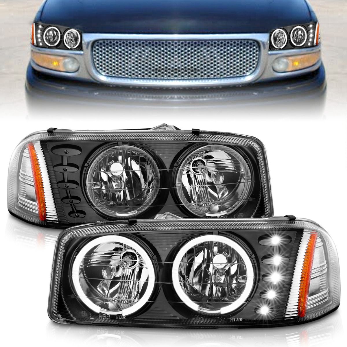 1999-2006 GMC SIERRA/ 2000-2006 YUKON/ XL  / DENALI MODELS CRYSTAL LED HALO HEADLIGHTS BLACK