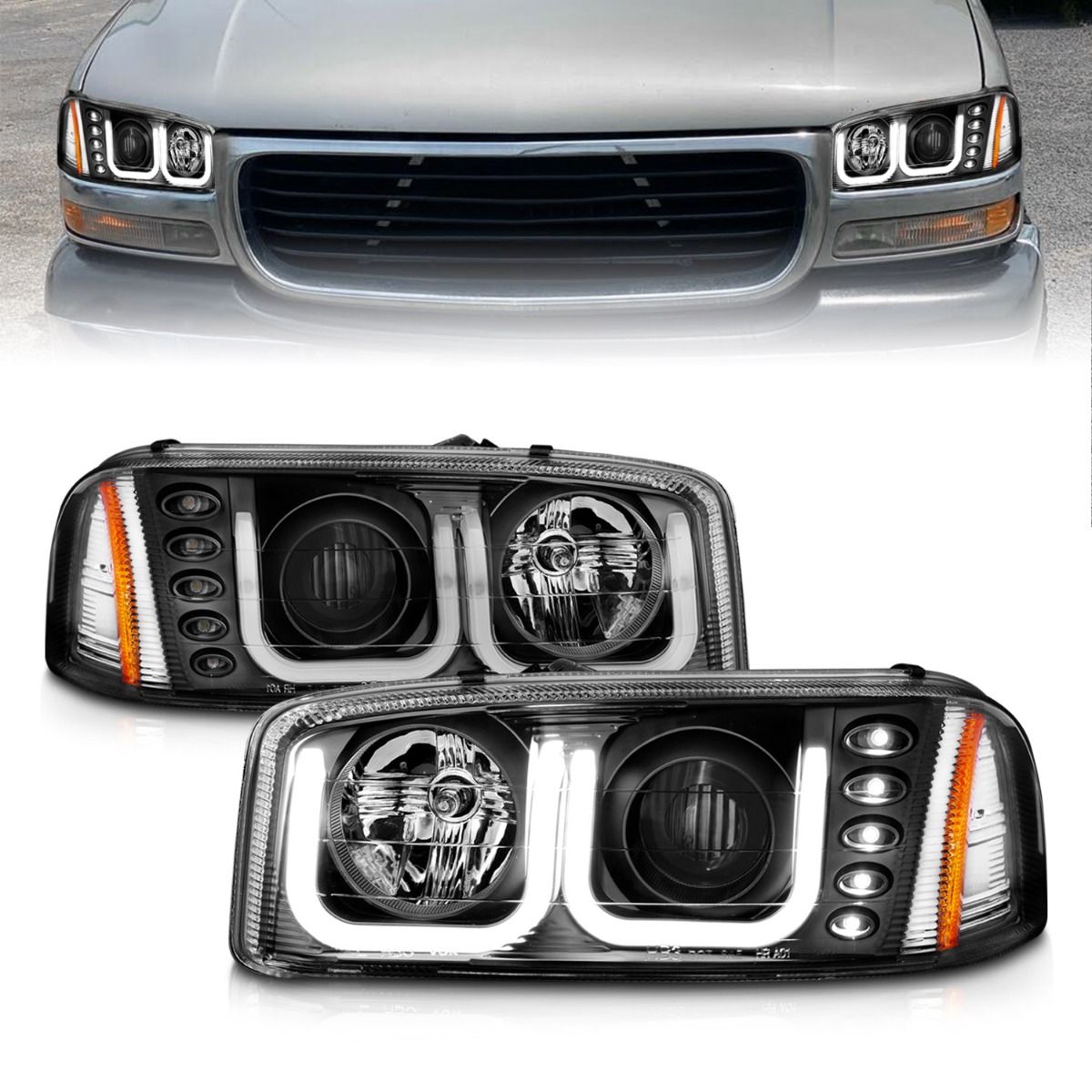 1999-2006 GMC SIERRA / 2000-2006 YUKON/XL/ DENALI MODELS PROJECTOR HEADLIGHTS U-BAR BLACK CLEAR