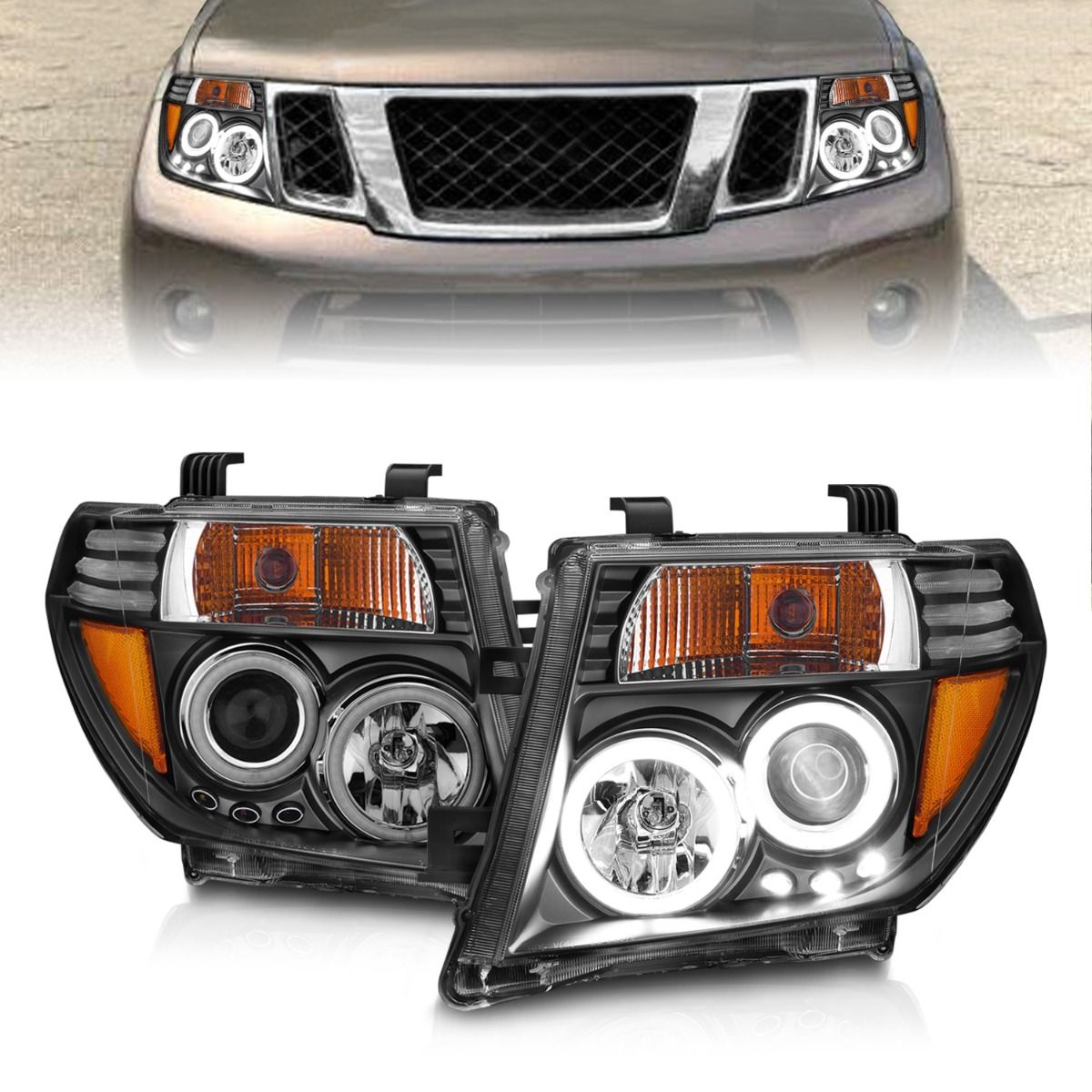 2005-2008 NISSAN FRONTIER / 2005-2007 PATHFINDER PROJECTOR HALO HEADLIGHTS W/ RX HALO BLACK(DOES NOT FIT V8 MODELS)