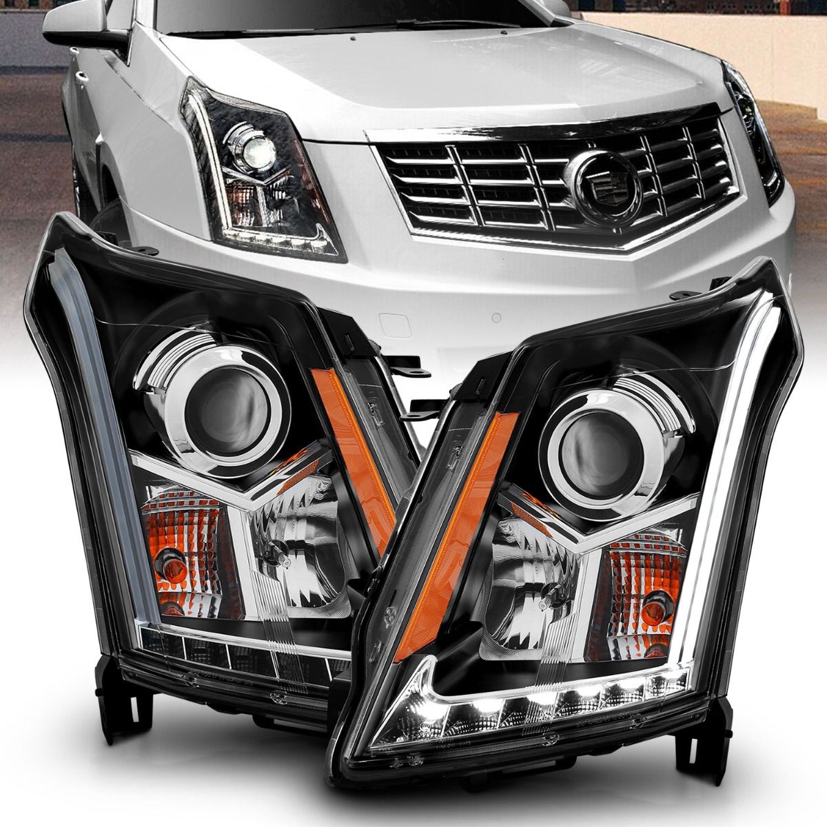 2010-2014 CADILLAC SRX PROJECTOR HEADLIGHTS PLANK STYLE IN BLACK HOUSING