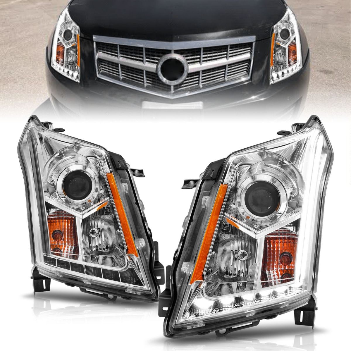 2010-2014 CADILLAC SRX PROJECTOR HEADLIGHTS PLANK STYLE CHROME