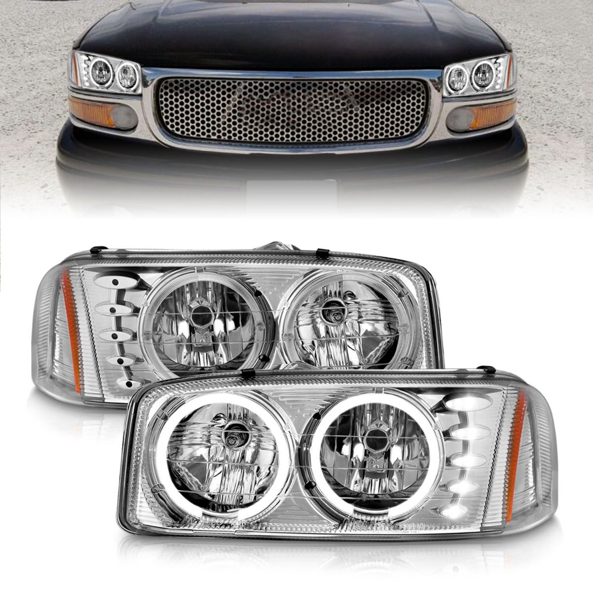 1999-2006 GMC SIERRA / 2000-2006 YUKON/ XL/ DENALI MODELS CHROME LED HALO HEADLIGHTS