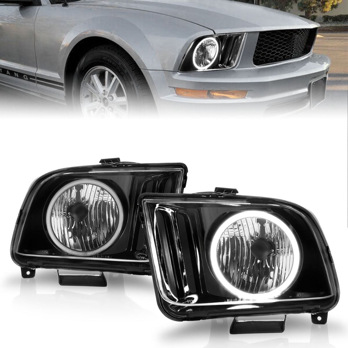 2005-2009 FORD MUSTANG CRYSTAL HEADLIGHTS BLACK W/ RX HALO