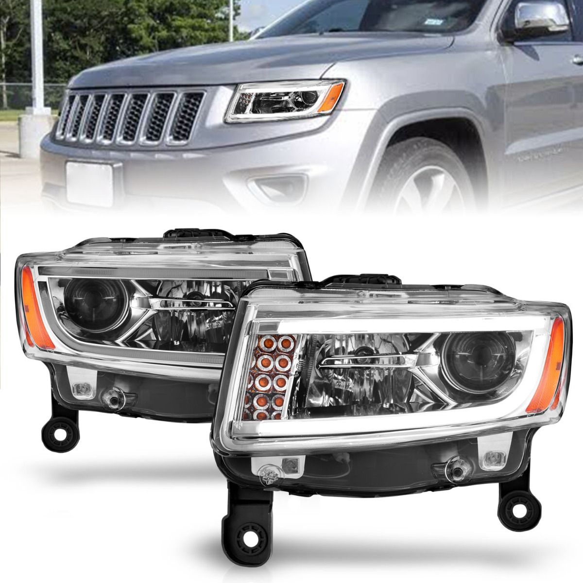 2014-2015 JEEP GRAND CHEROKEE PROJECTOR HEADLIGHTS PLANK STYLE CHROME (FOR HALOGEN MODELS ONLY)