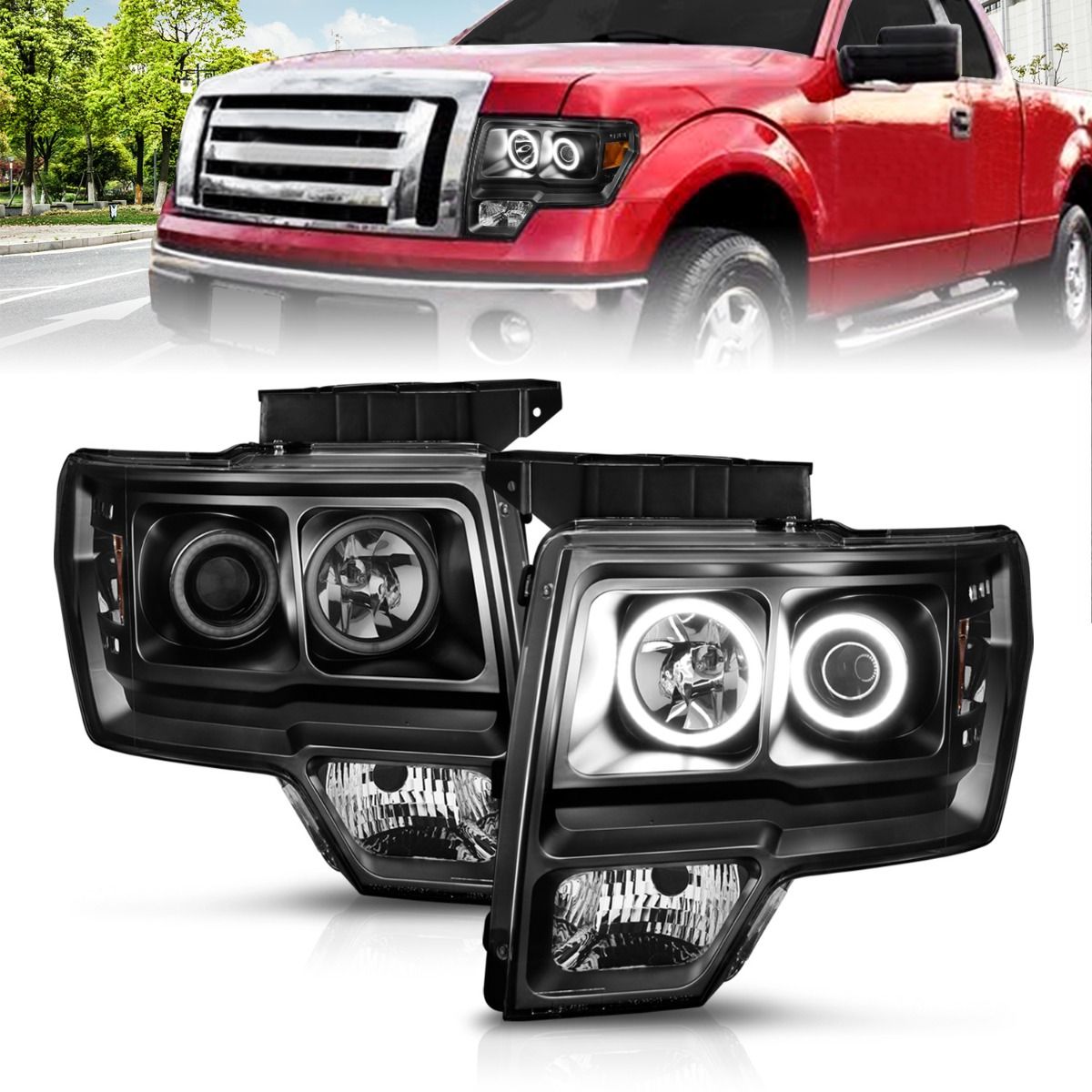 2009-2014 FORD F-150 PROJECTOR HEADLIGHTS BLACK W/ RX HALO (FOR HALOGEN MODEL)