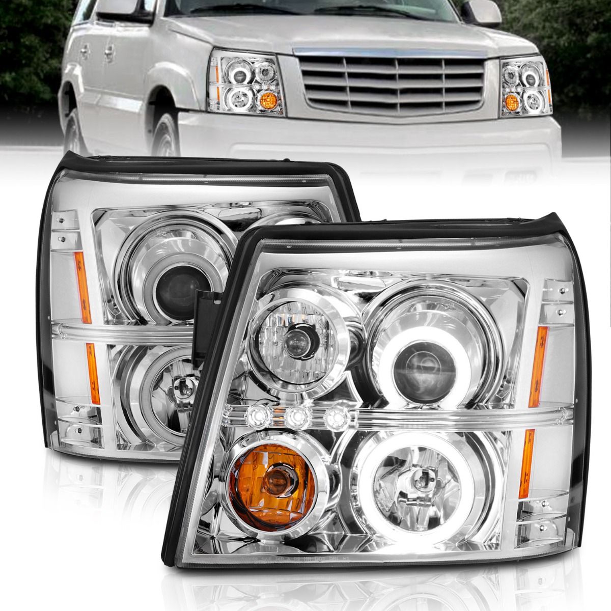 2003-2006 CADILLAC ESCALADE / ESCALADE ESV PROJECTOR HEADLIGHTS CHROME w/ HALO (RX HALO) (FOR HID, NO HID KIT)