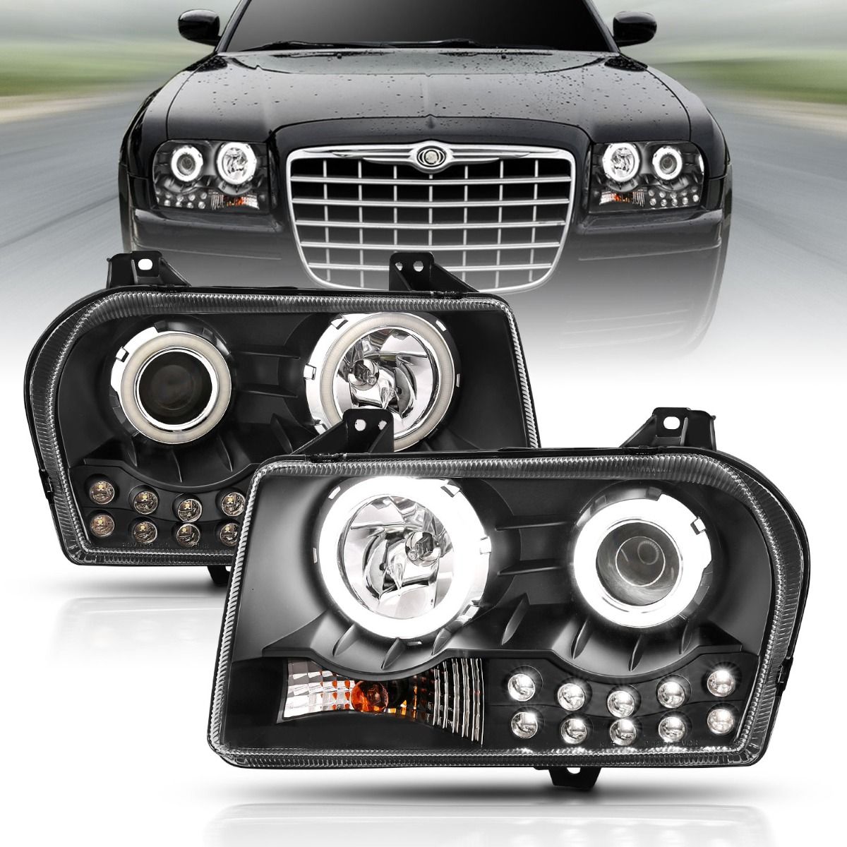 2005-2010 CHRYSLER 300 PROJECTOR HALO HEADLIGHTS BLACK w/ RX HALO & LED