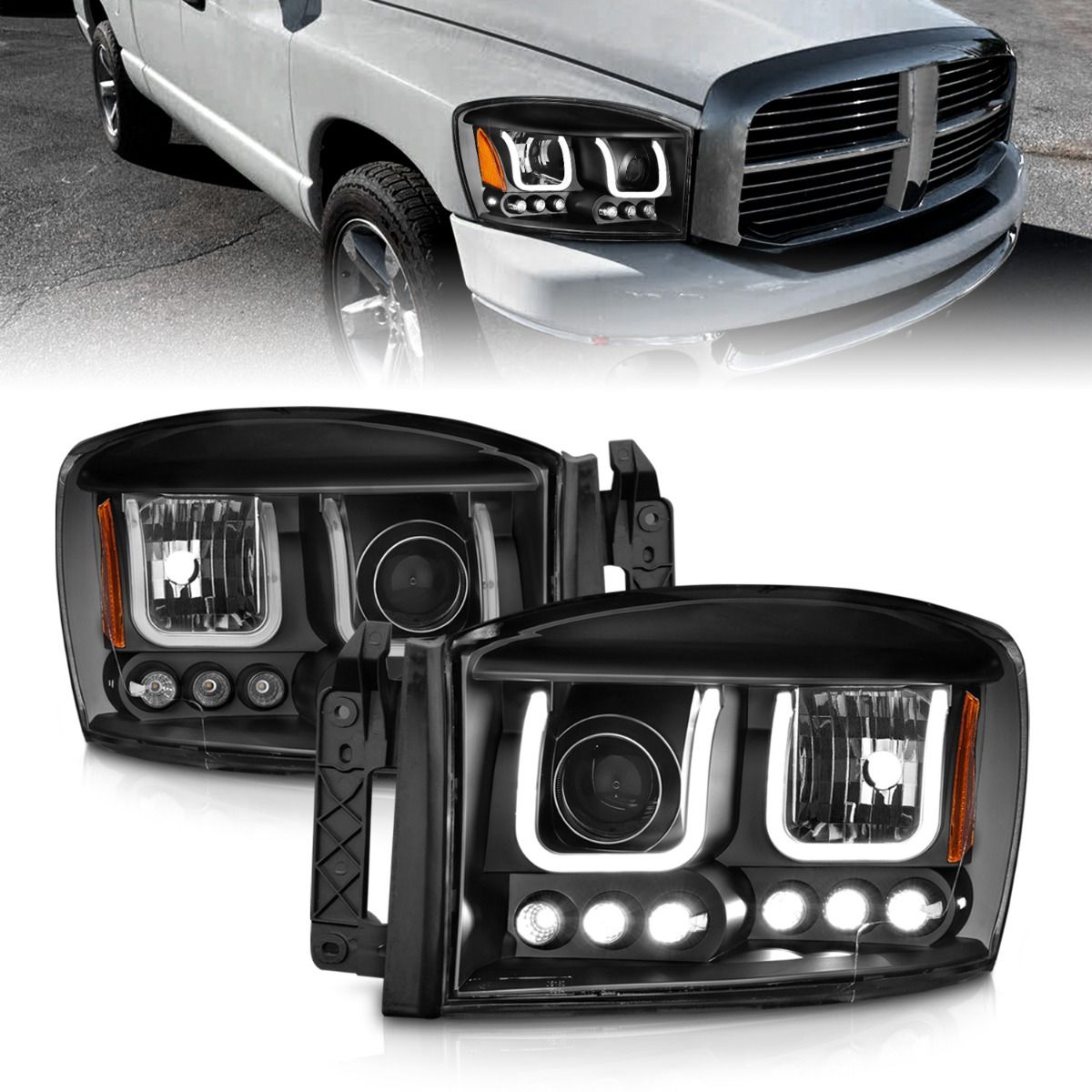 2006-2008 DODGE RAM 1500/ 2006-2009 2500/3500 PROJECTOR HEADLIGHTS W/ U-BAR LIGHT W/ BLACK HOUSING