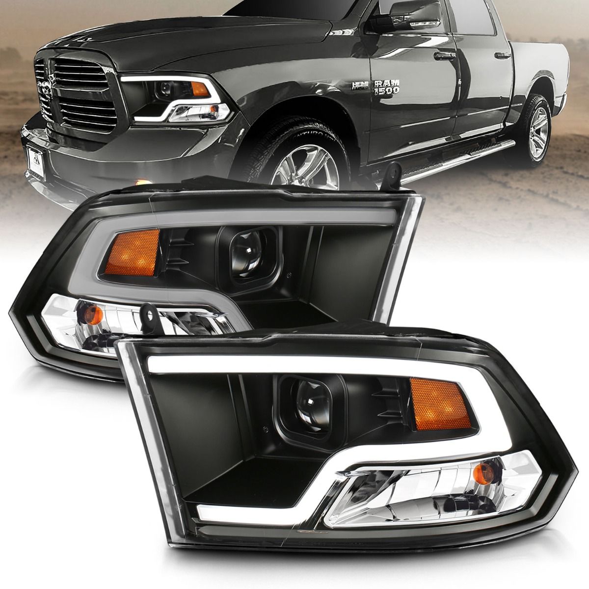 2009-2022 DODGE RAM 1500/ 2010-2018 2500/3500 PROJECTOR PLANK STYLE HEADLIGHTS BLACK CLEAR AMBER (FOR NON-PROJECTOR MODELS)