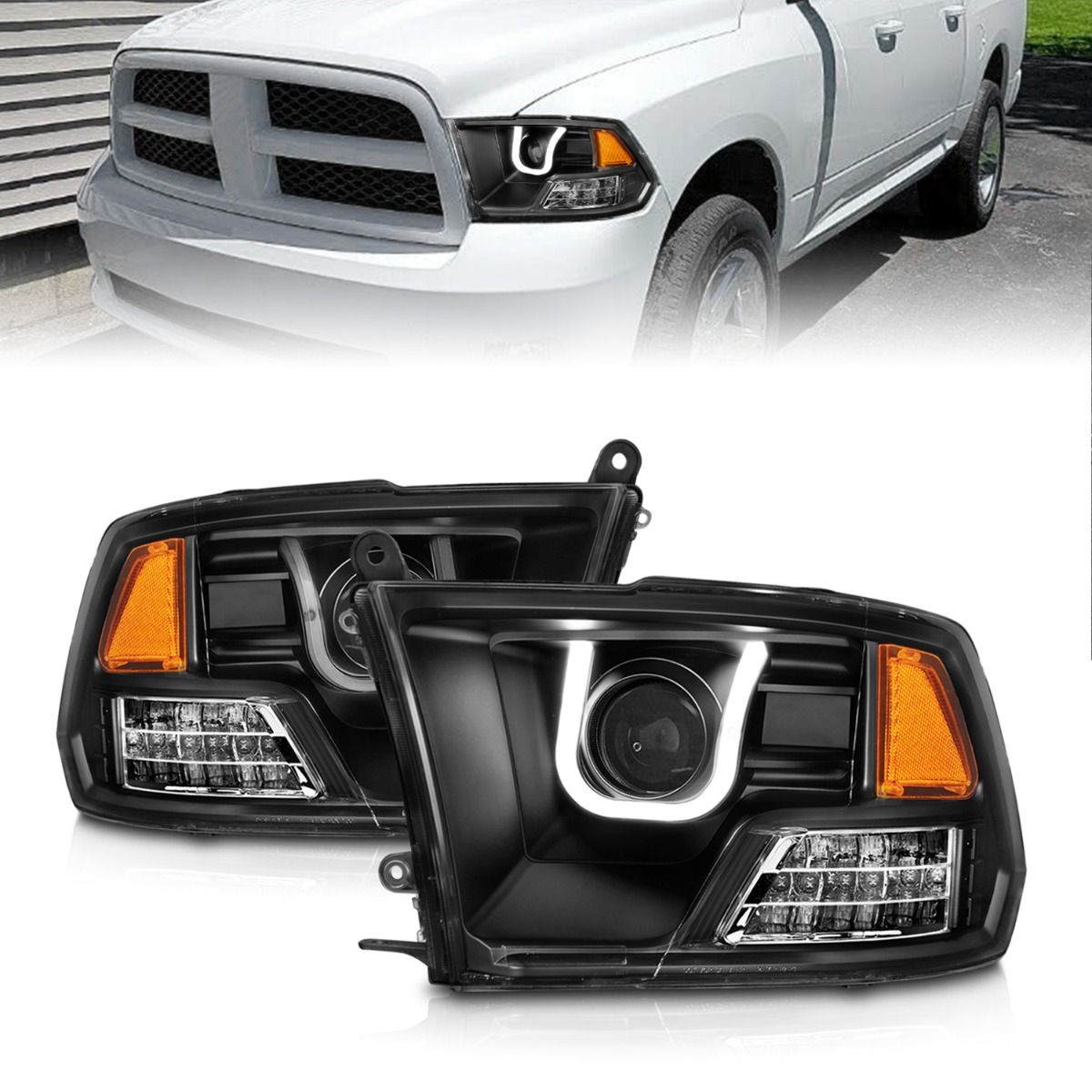 2009-2022 DODGE RAM 1500/ 2010-2018 2500/3500 PROJECTOR U-BAR HEADLIGHTS BLACK (FOR NON-PROJECTOR MODELS)