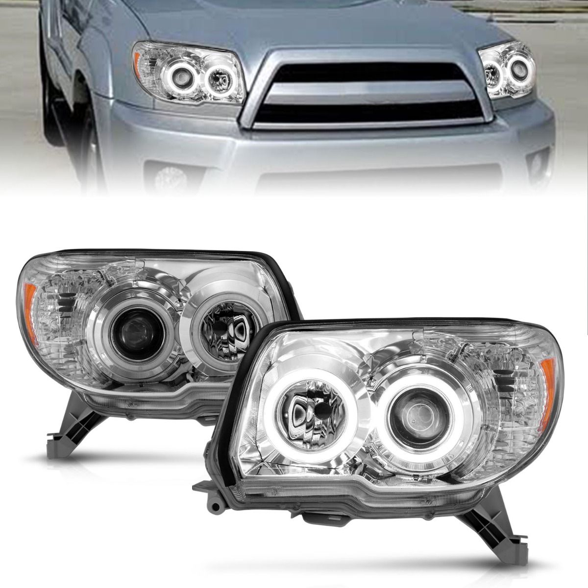 2006-2009 TOYOTA 4RUNNER PROJECTOR HEADLIGHTS W/ RX HALOS CHROME HOUSING (NO BULBS)