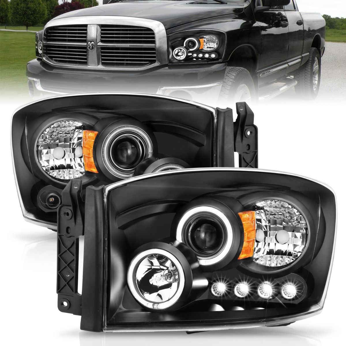 2006-2008 DODGE RAM 1500/ 2006-2009 2500/3500 PROJECTOR HEADLIGHTS W/ LED HALOS BLACK HOUSING