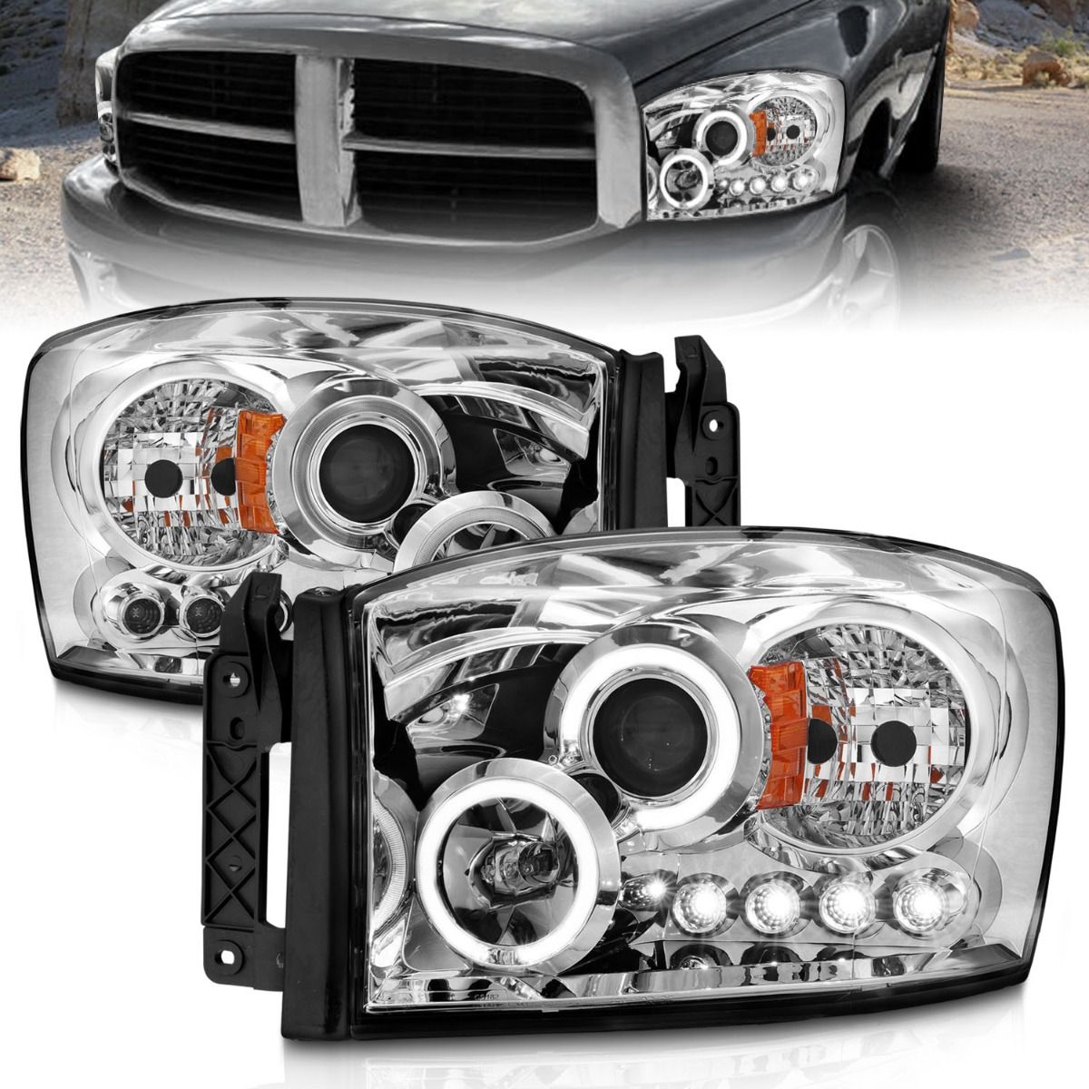 2006-2008 DODGE RAM 1500/2500/3500 PROJECTOR HEADLIGHTS WITH HALOS AND CHROME HOUSING