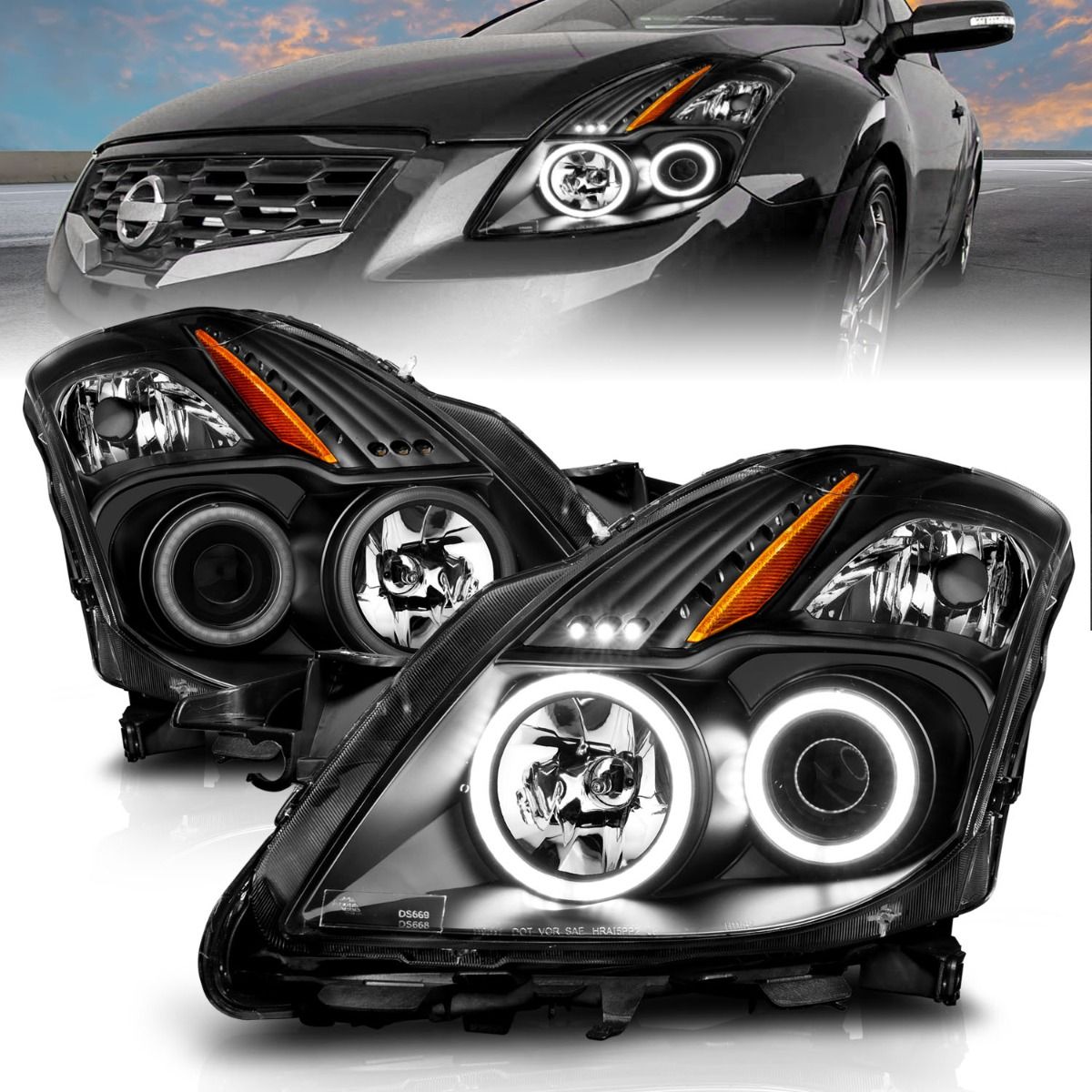 2008-2010 NISSAN ALTIMA 2DR PROJECTOR HEADLIGHTS BLACK W/ RX HALO