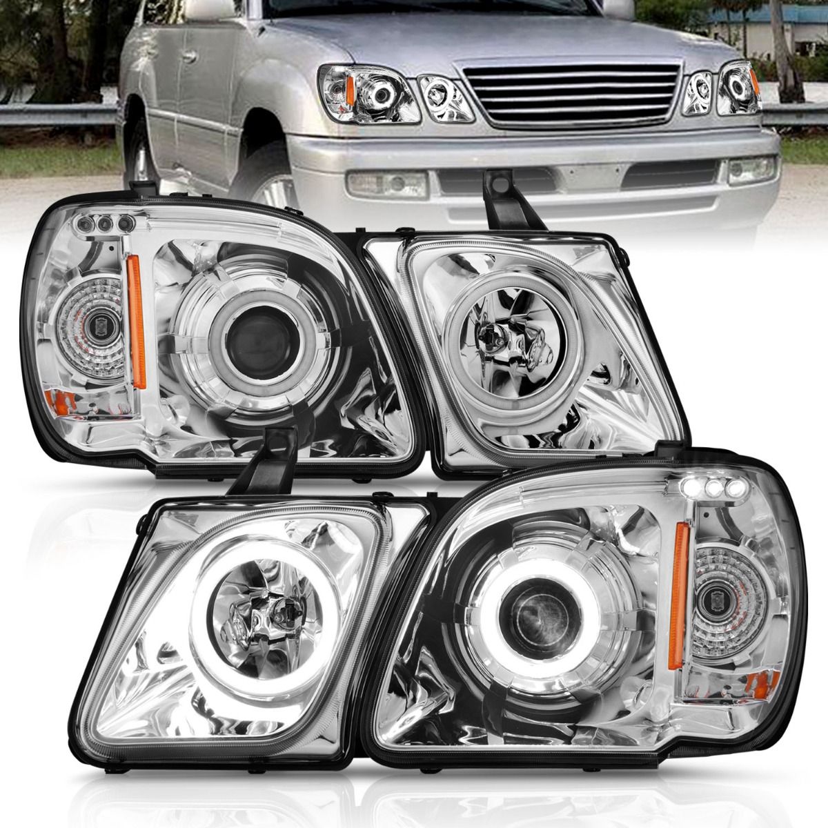 1998-2007 LEXUS LX470 PROJECTOR HEADLIGHTS CHROME W/ RX HALO ( NOT FOR MODELS WITH FACTORY HID SYSTEM)