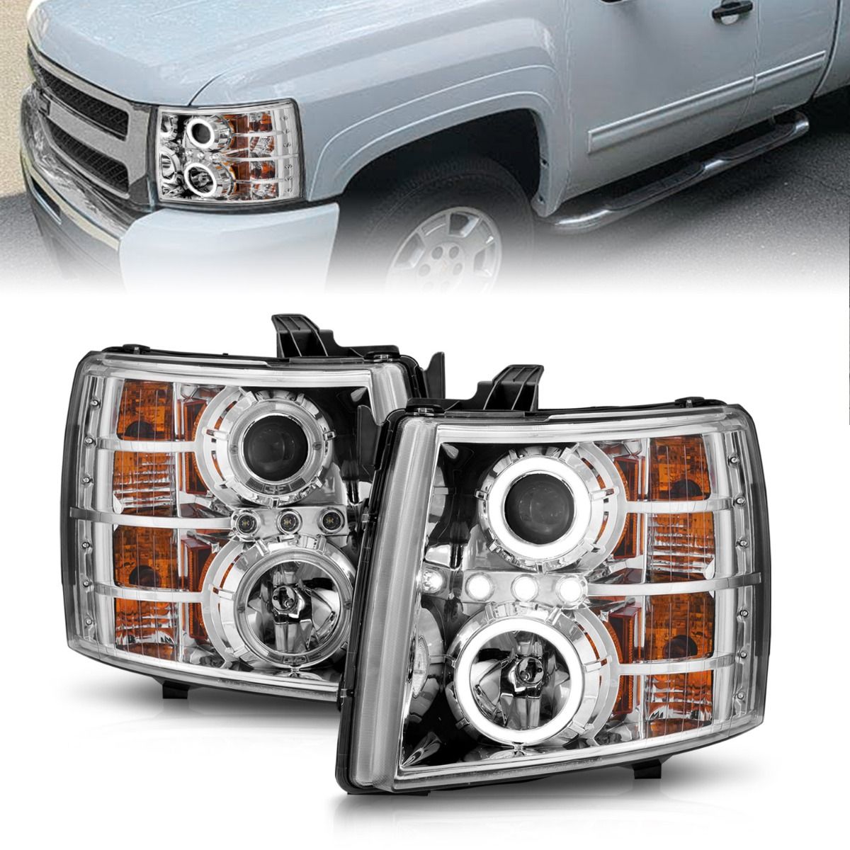 2007-2013 CHEVY SILVERADO 1500 / 2500HD/3500HD PROJECTOR HALO HEADLIGHTS CHROME