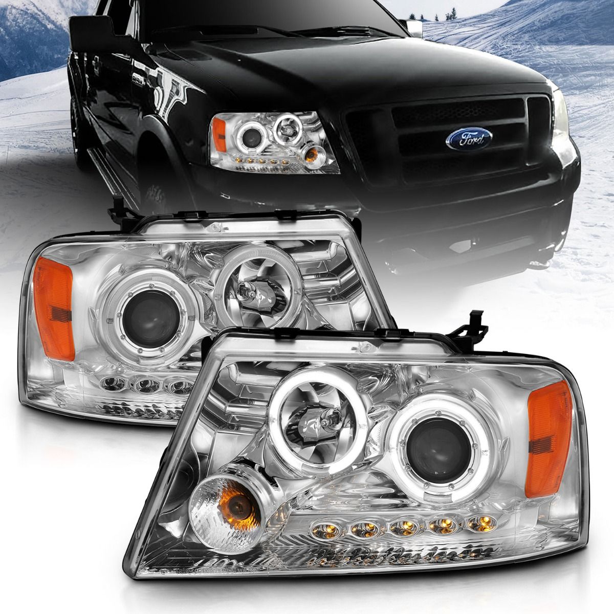 2004-2008 FORD F-150 PROJECTOR HEADLIGHTS CHROME 2 HALOS & LED