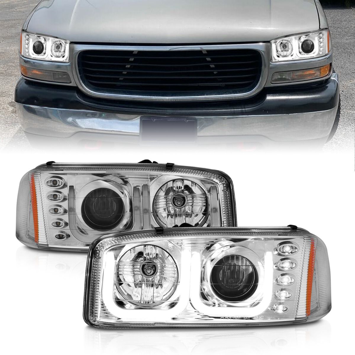 1999-2006 GMC SIERRA / 2000-2006 YUKON/XL  / DENALI MODELS PROJECTOR U-BAR STYLE HEADLIGHTS CHROME