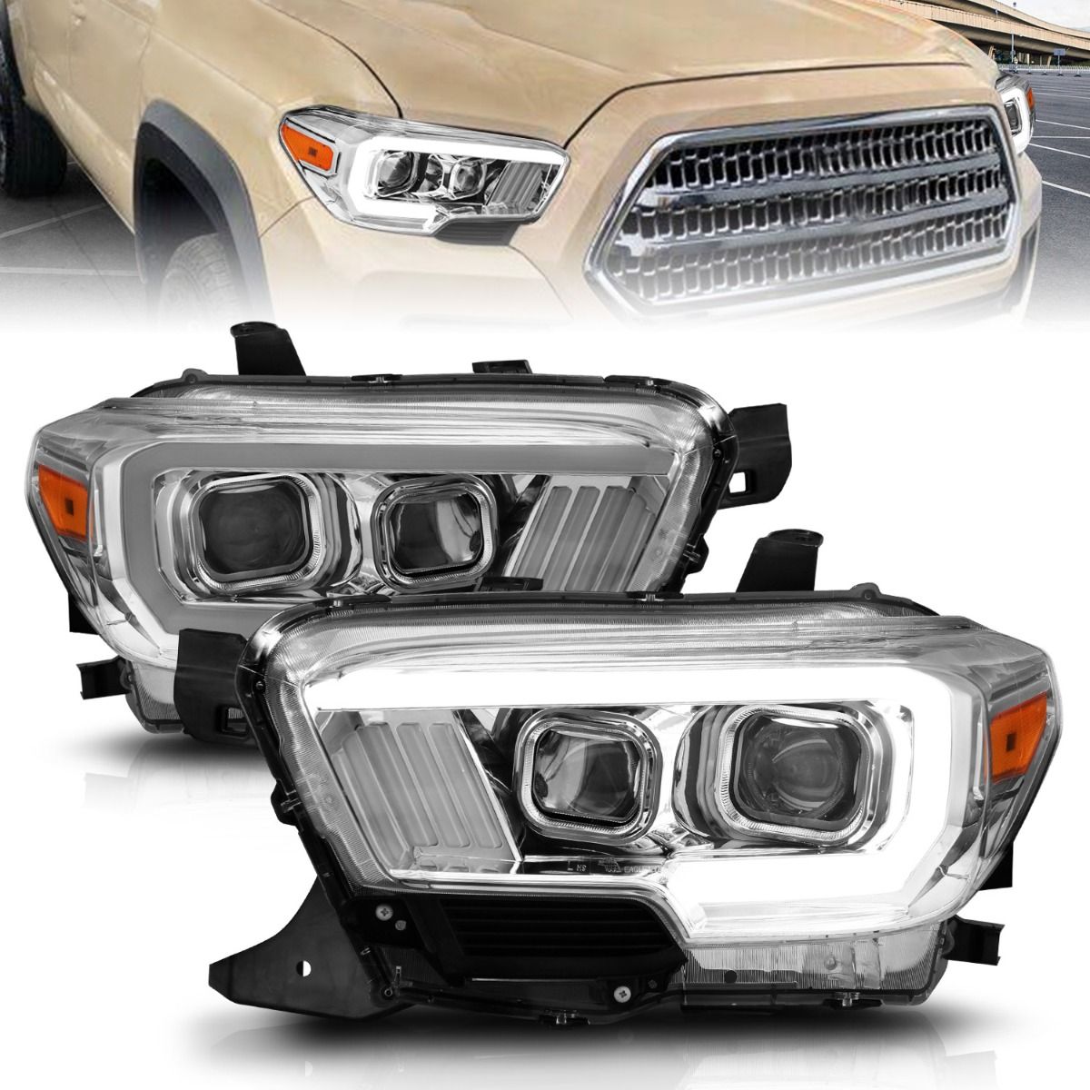 2016-2022 TOYOTA TACOMA PROJECTOR PLANK STYLE HEADLIGHTS CHROME (FOR HALOGEN DRL)