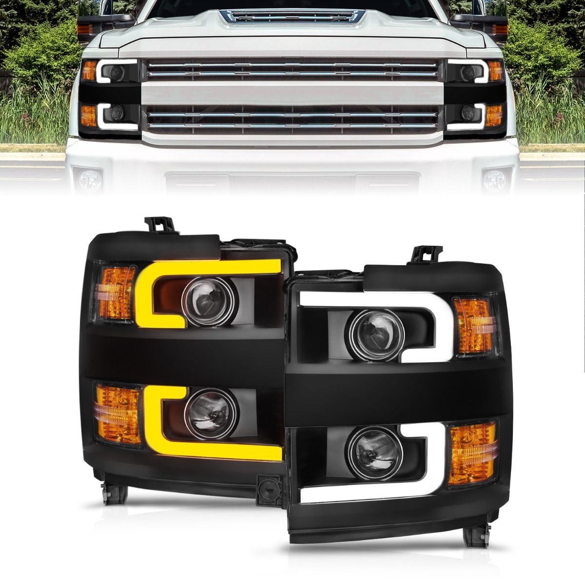 2015-2019 CHEVY SILVERADO 2500HD/3500HD PROJECTOR SWITCHBACK HEADLIGHT BLACK(GLOSS BLACK TRIM)(HALOGEN MODELS ONLY)