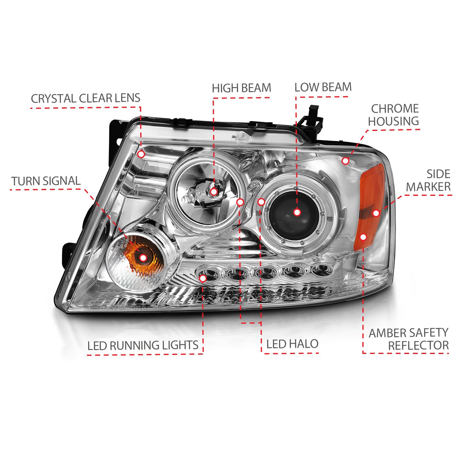 2004-2008 FORD F-150 PROJECTOR HEADLIGHTS CHROME w/ SINGLE HALO & LED