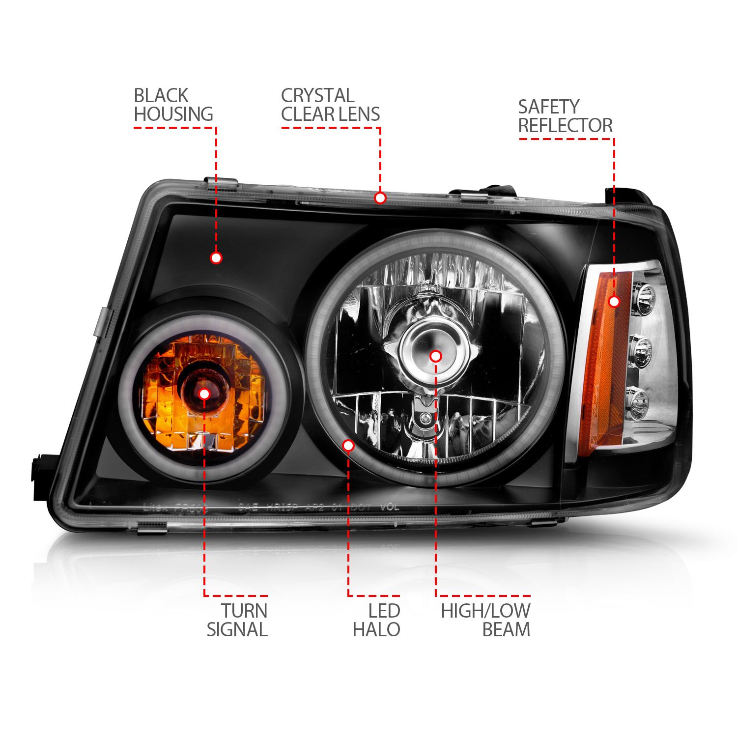 2001-2011 FORD RANGER CRYSTAL HEADLIGHTS BLACK W/ RX HALO 1PC