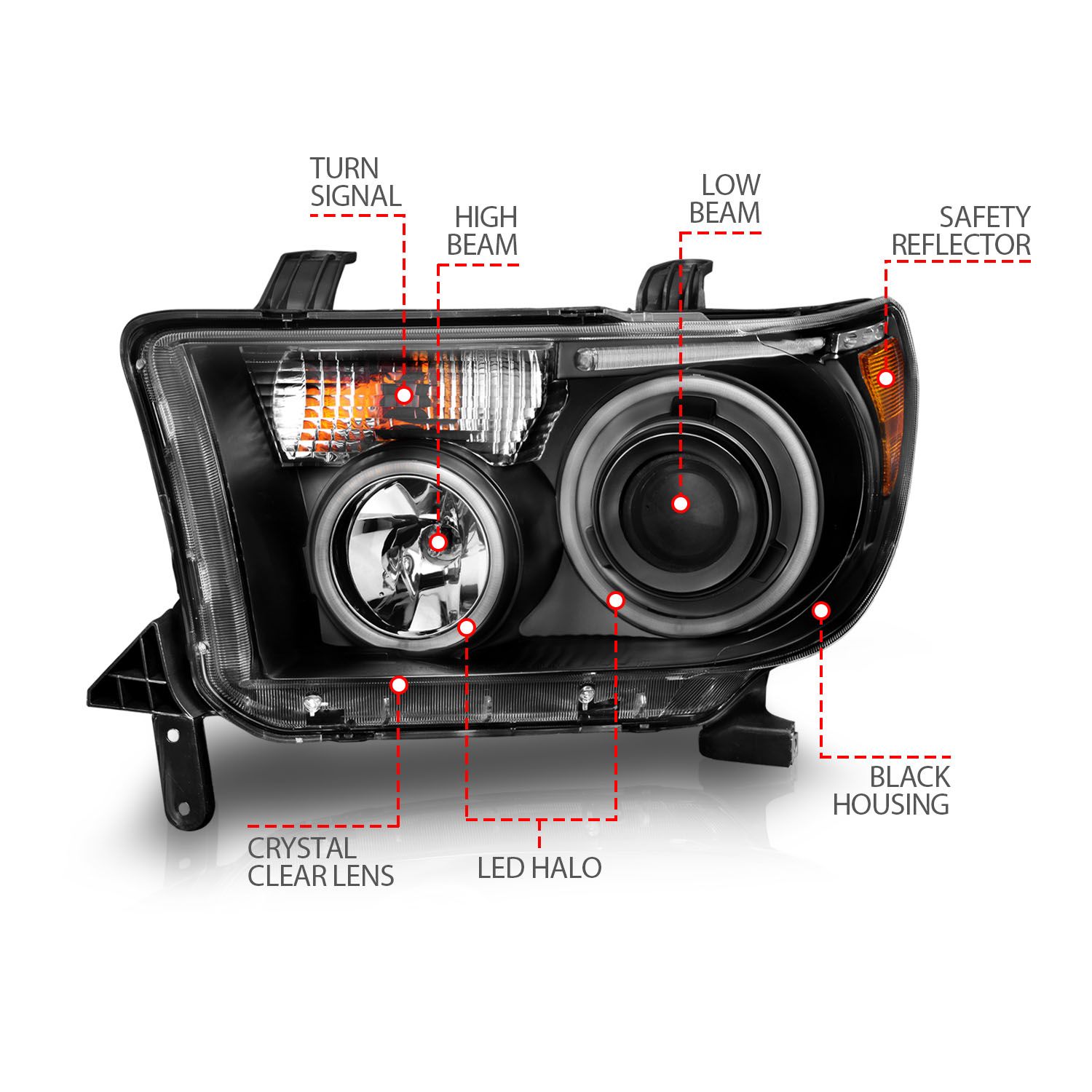 2007-2013 TOYOTA TUNDRA / 2008-2017 SEQUOIA PROJECTOR HEADLIGHTS BLACK W/ RX HALO AND LED BAR