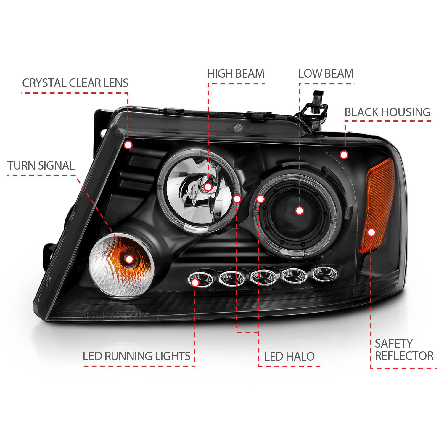 2004-2008 FORD F-150 PROJECTOR HEADLIGHTS BLACK 2 HALOS & LED