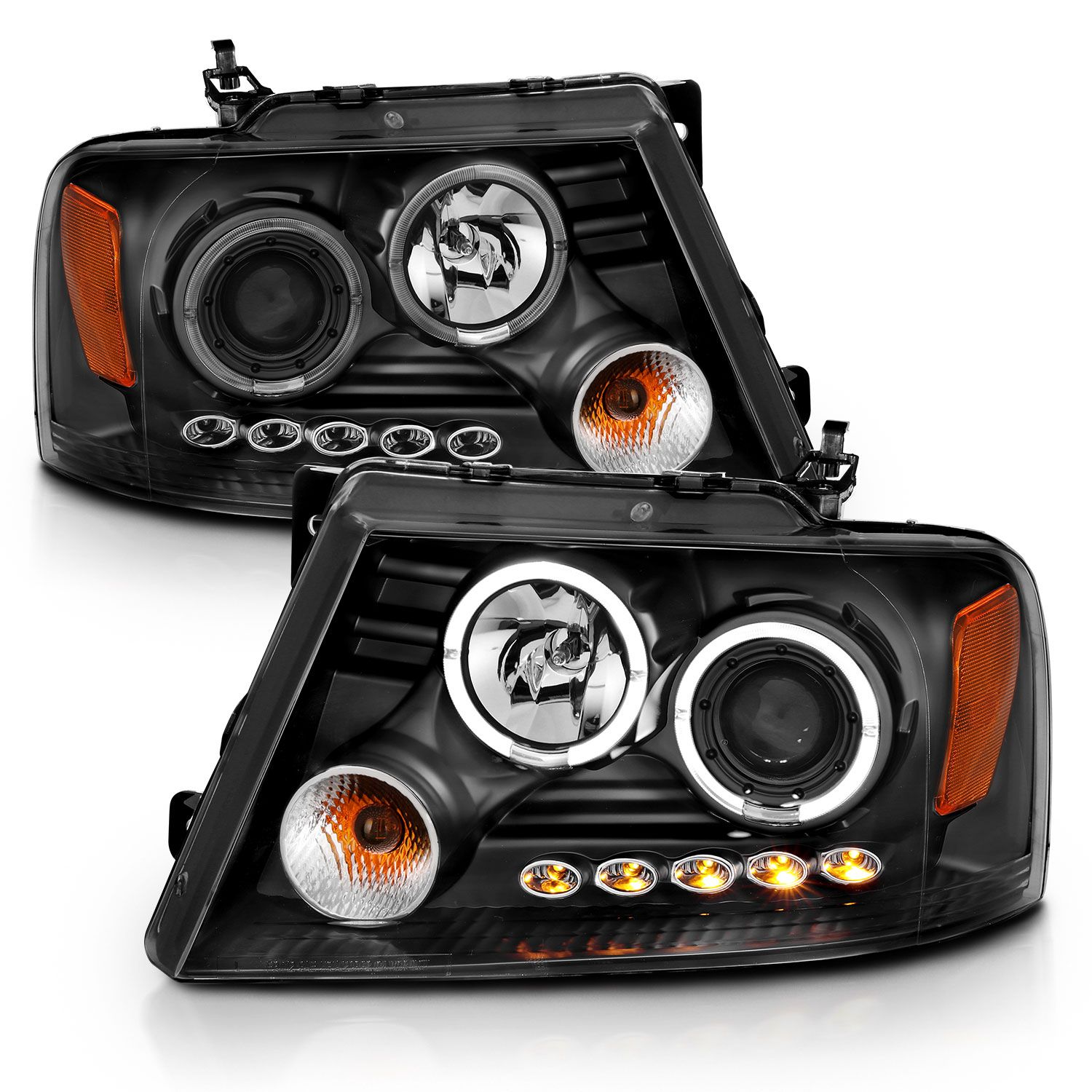 2004-2008 FORD F-150 PROJECTOR HEADLIGHTS BLACK 2 HALOS & LED