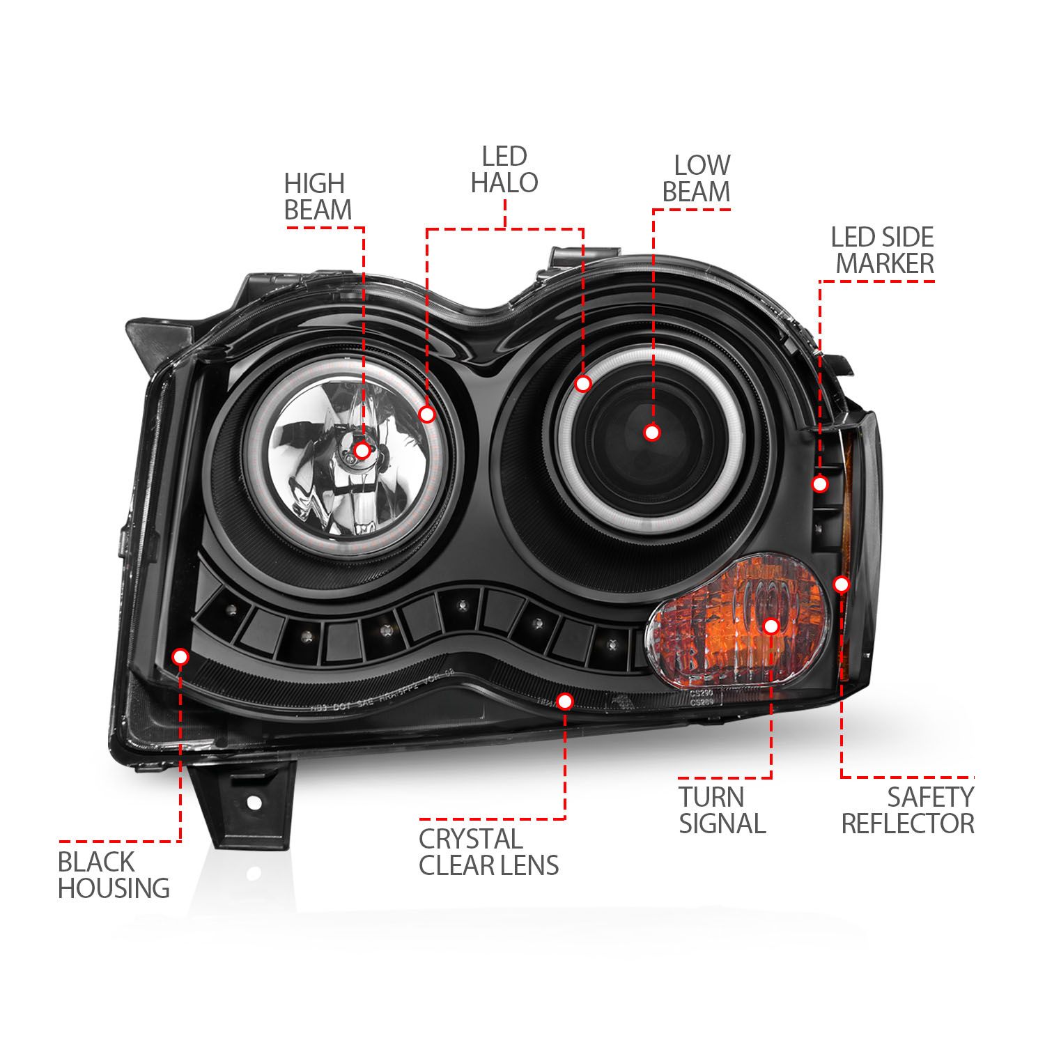 2008-2010 JEEP GRAND CHEROKEE PROJECTOR HEADLIGHTS BLACK W/ RX HALO
