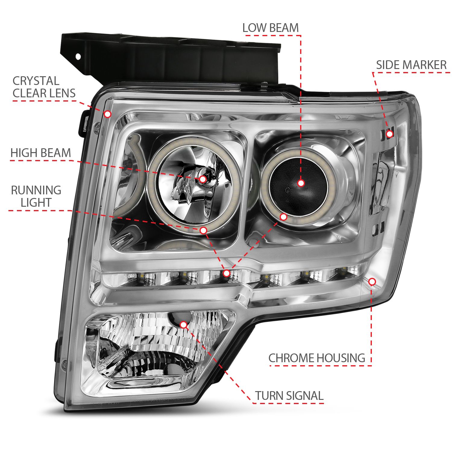 2009-2014 FORD F-150 PROJECTOR HEADLIGHTS G2 CHROME W/ RX HALO (FOR HALOGEN MODEL)