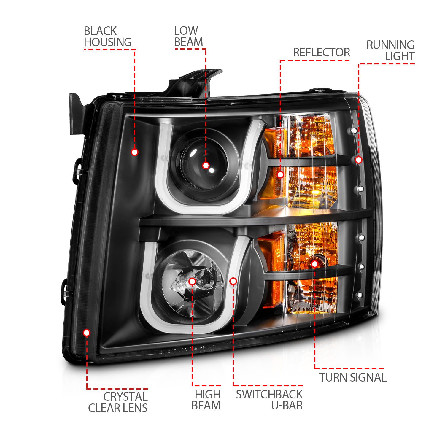 2007-2013 CHEVY SILVERADO 1500 / 2500HD/3500HD PROJECTOR SWITCHBACK U-BAR HEADLIGHTS BLACK