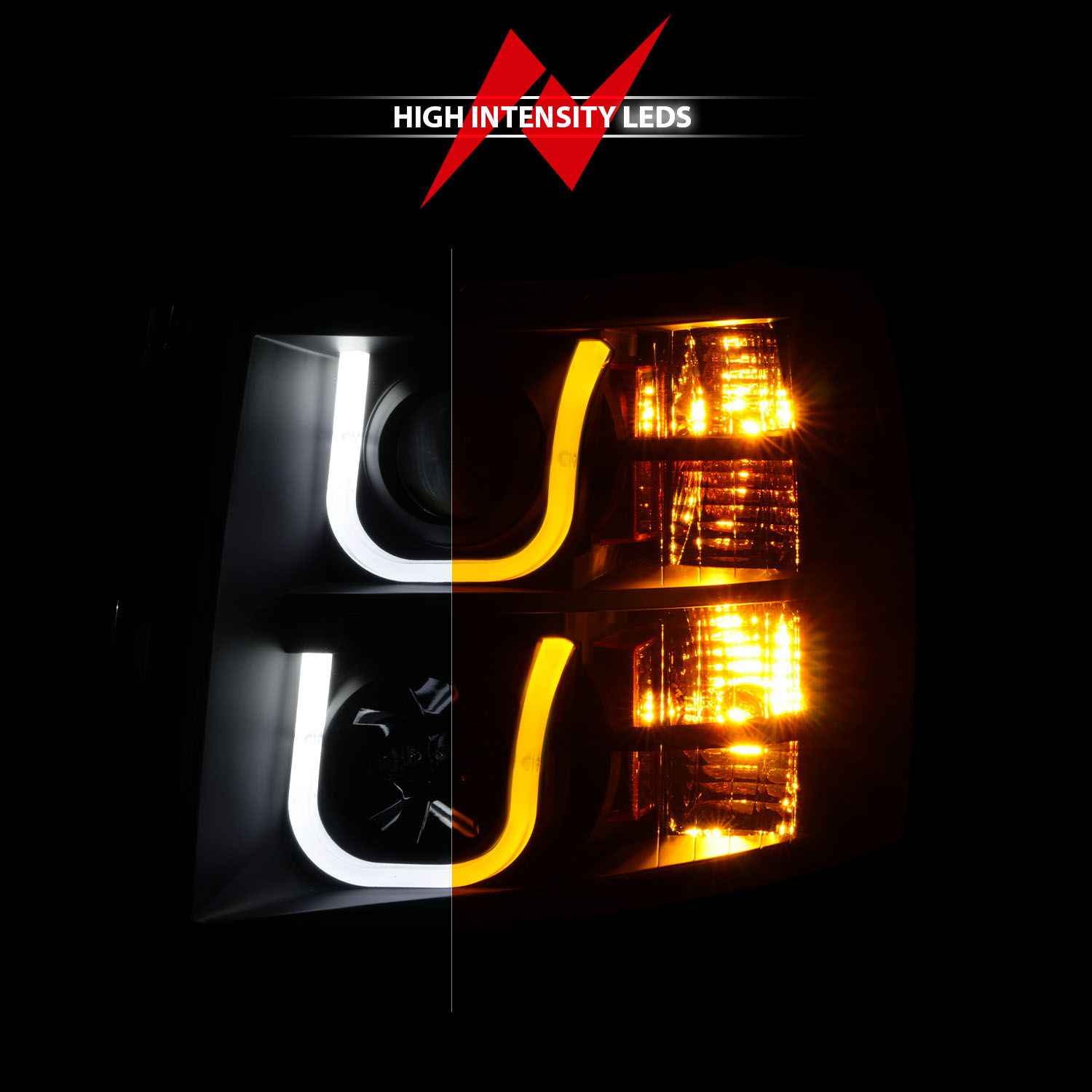 2007-2013 CHEVY SILVERADO 1500 / 2500HD/3500HD PROJECTOR SWITCHBACK U-BAR HEADLIGHTS BLACK