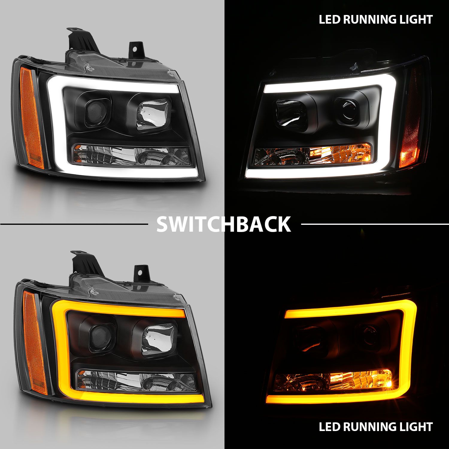 2007-2014 CHEVY TAHOE/SUBURBAN/AVALANCHE PROJECTOR PLANK STYLE SWITCHBACK HEADLIGHTS BLACK
