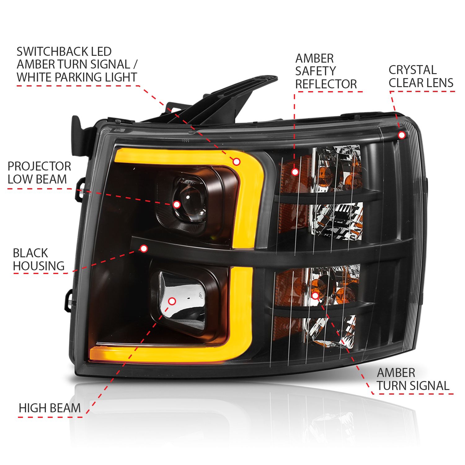 2007-2013 CHEVY SILVERADO 1500 /2500HD/3500HD PROJECTOR PLANK SWITCHBACK HEADLIGHTS BLACK