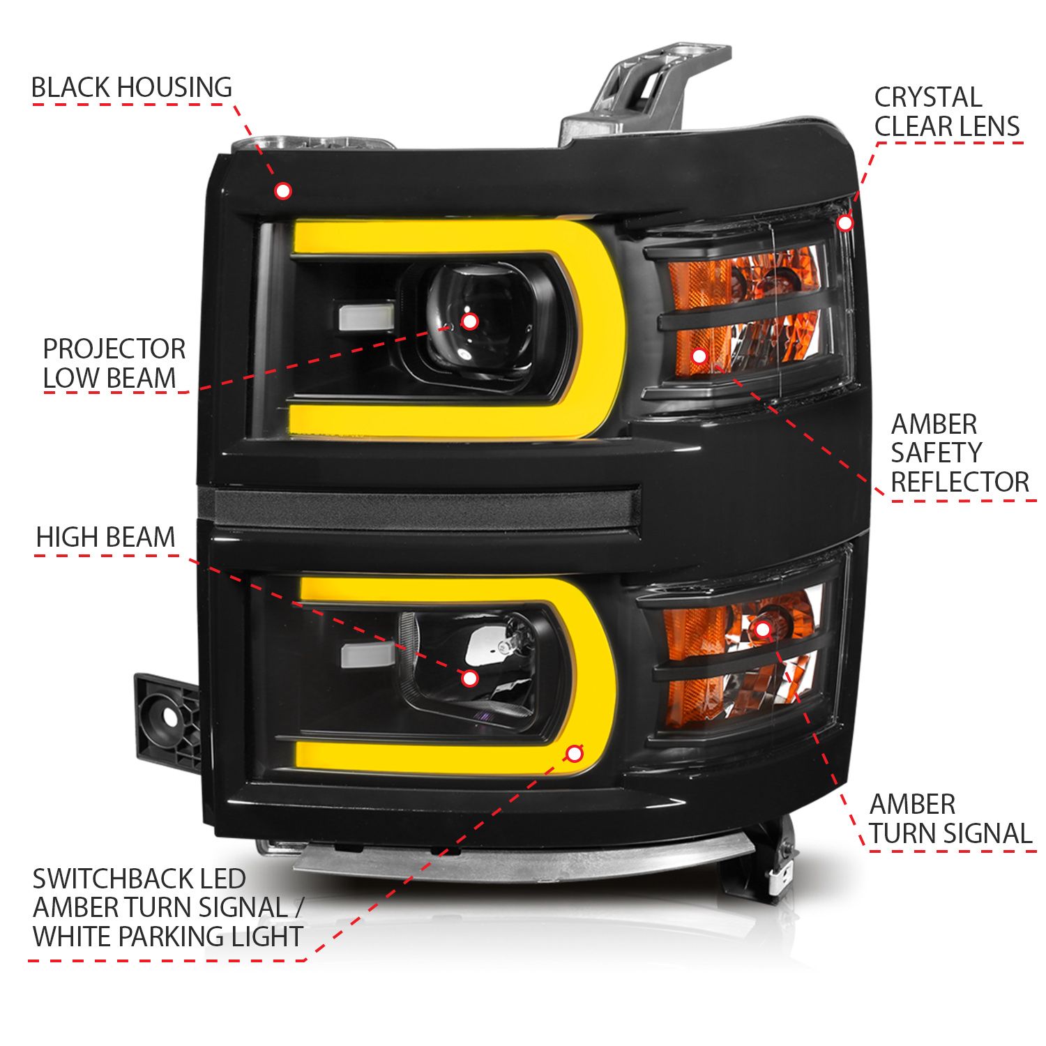 2014-2015 CHEVY SILVERADO 1500 PROJECTOR SWITCHBACK PLANK STYLE HEADLIGHTS BLACK