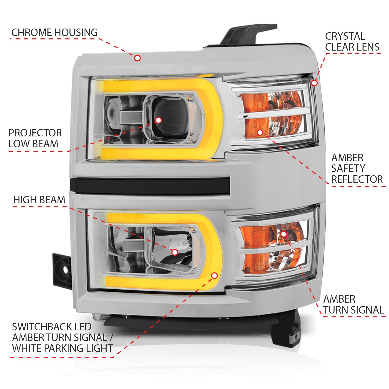 2014-2015 CHEVY SILVERADO 1500 PROJECTOR SWITCHBACK PLANK STYLE HEADLIGHTS CHROME
