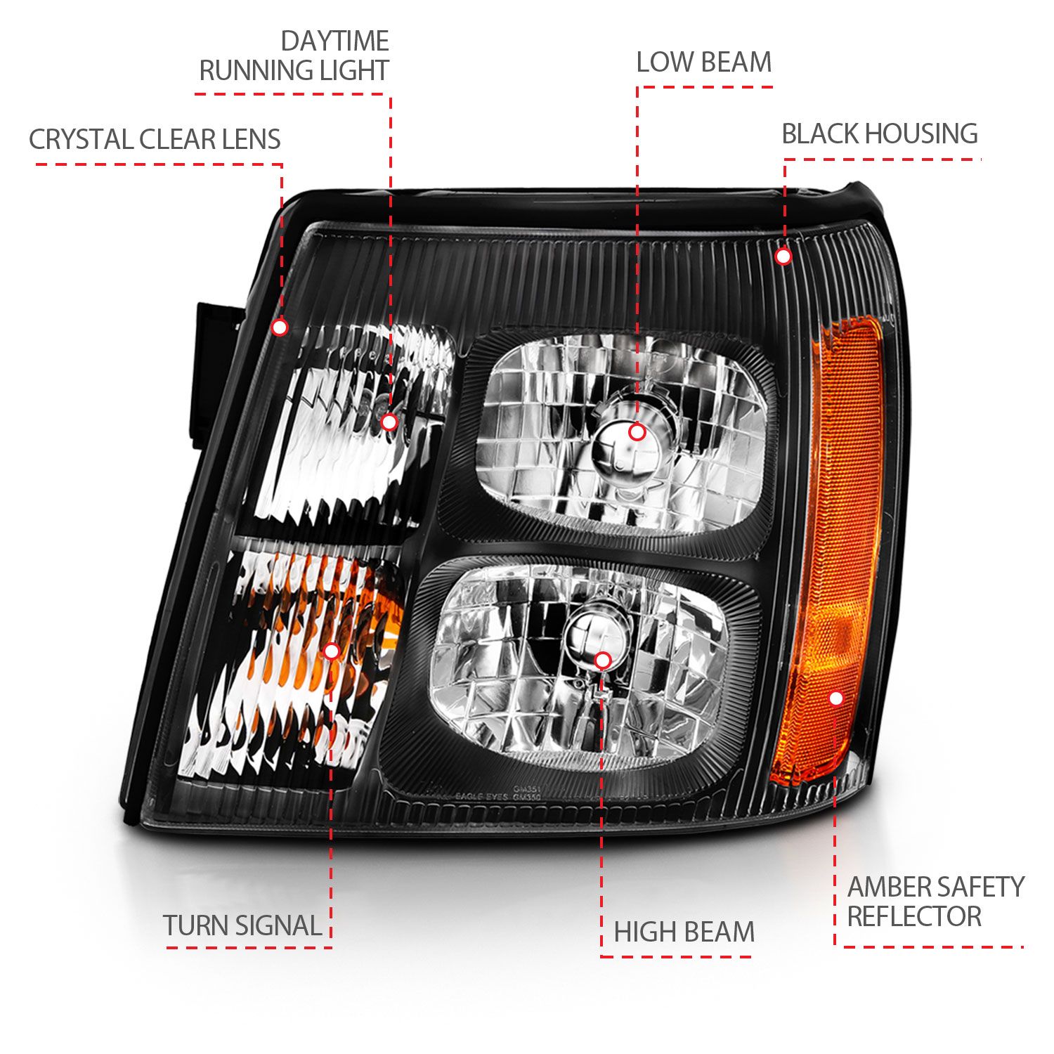 2003-2006 CADILLAC ESCALADE CRYSTAL HEADLIGHT BLACK AMBER