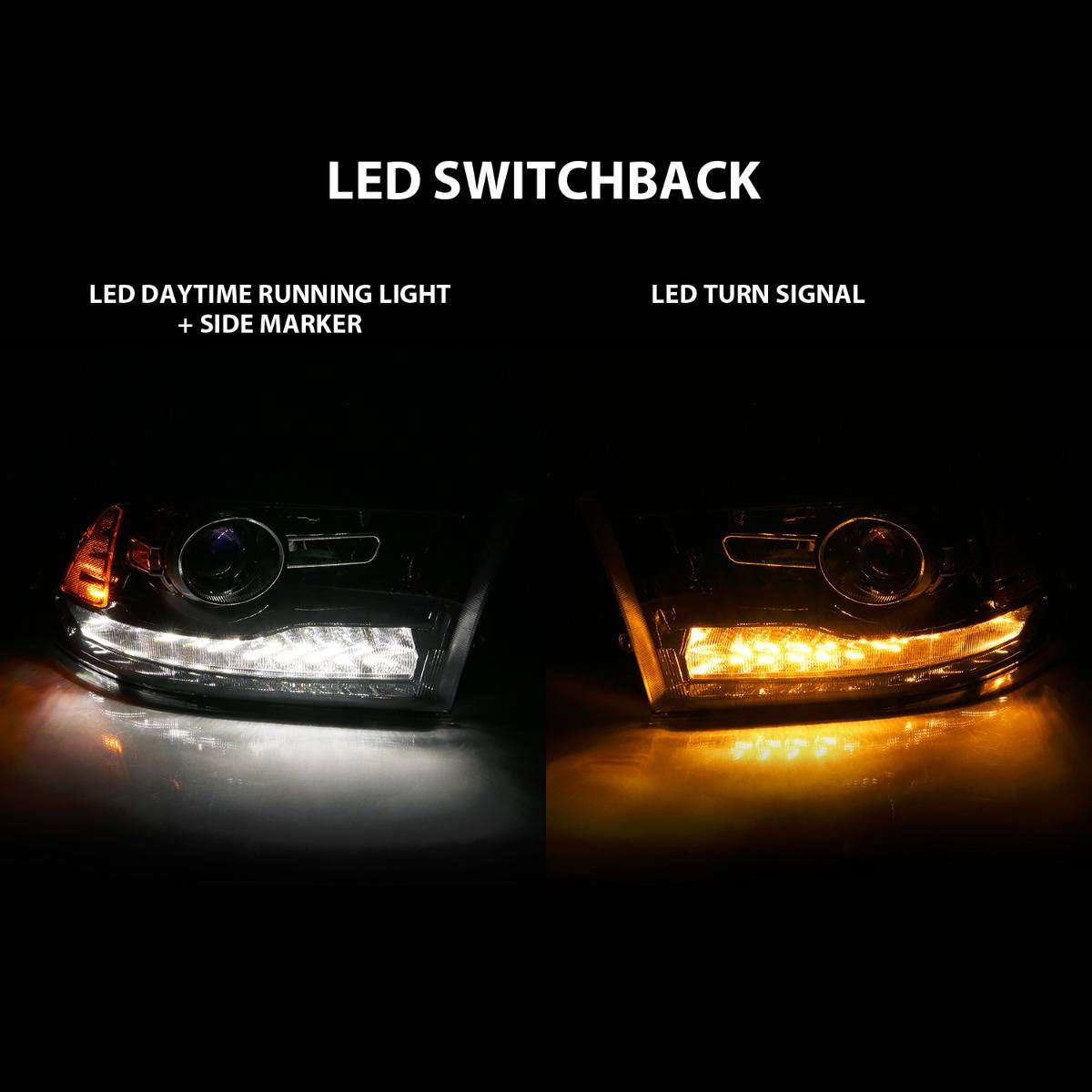 2009-2022 DODGE RAM 1500/ 2010-2018 2500/3500 PROJECTOR PLANK STYLE SWITCHBACK HEADLIGHTS BLACK AMBER (OE STYLE) (FOR ALL MODELS)