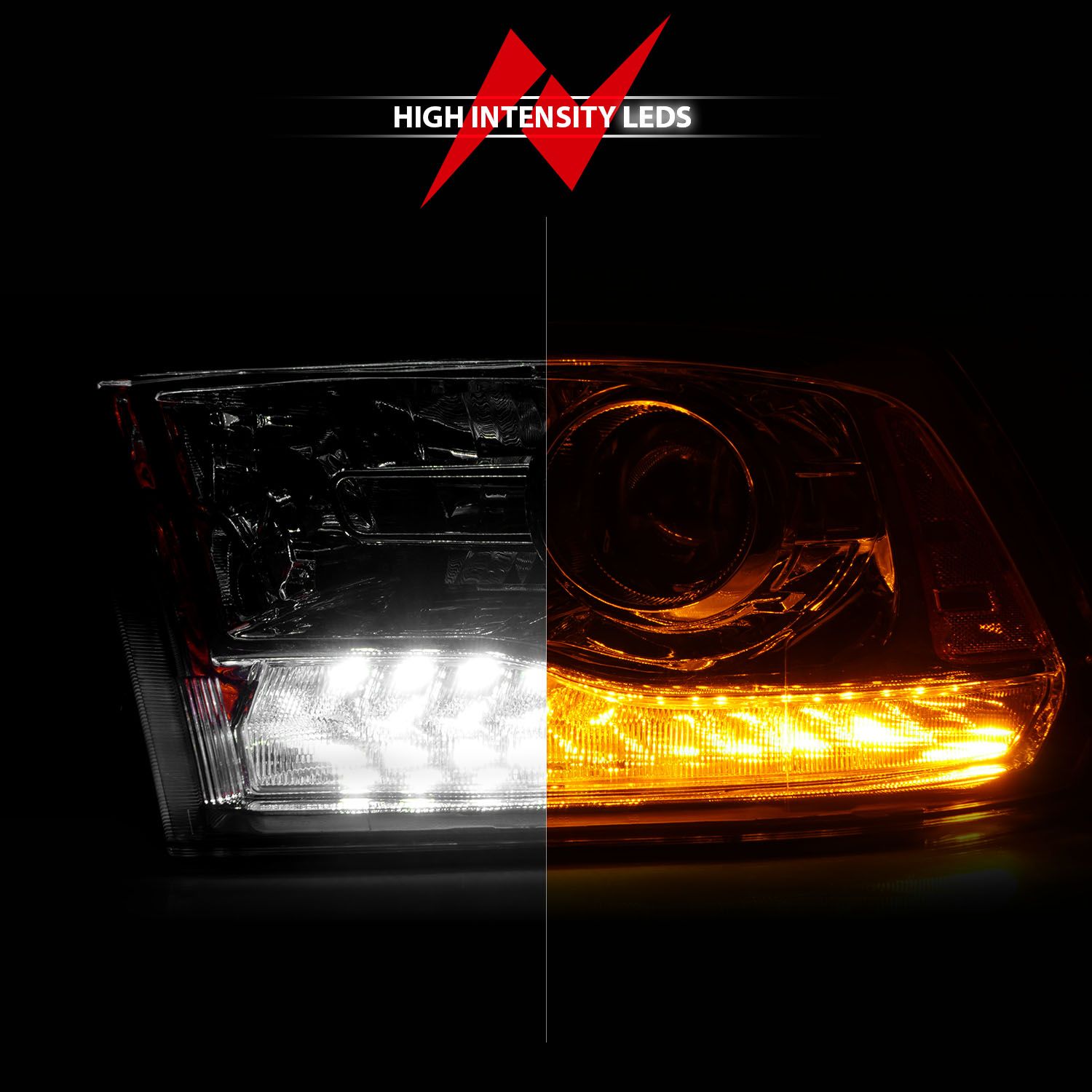 2009-2022 DODGE RAM 1500/ 2010-2018 2500/3500 PROJECTOR PLANK STYLE SWITCHBACK HEADLIGHTS CHROME AMBER (OE STYLE) (FOR ALL MODELS)