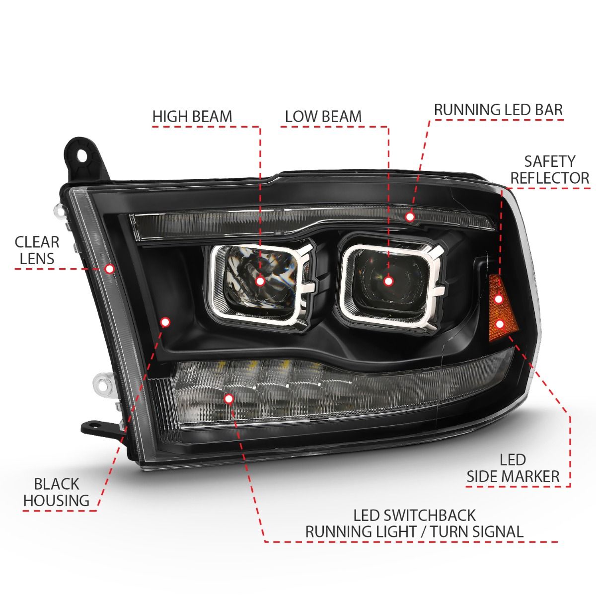 2009-2022 DODGE RAM 1500/ 2010-2018 2500/3500 DUAL PROJECTOR SWITCHBACK HEADLIGHT BLACK AMBER (FOR ALL MODELS)
