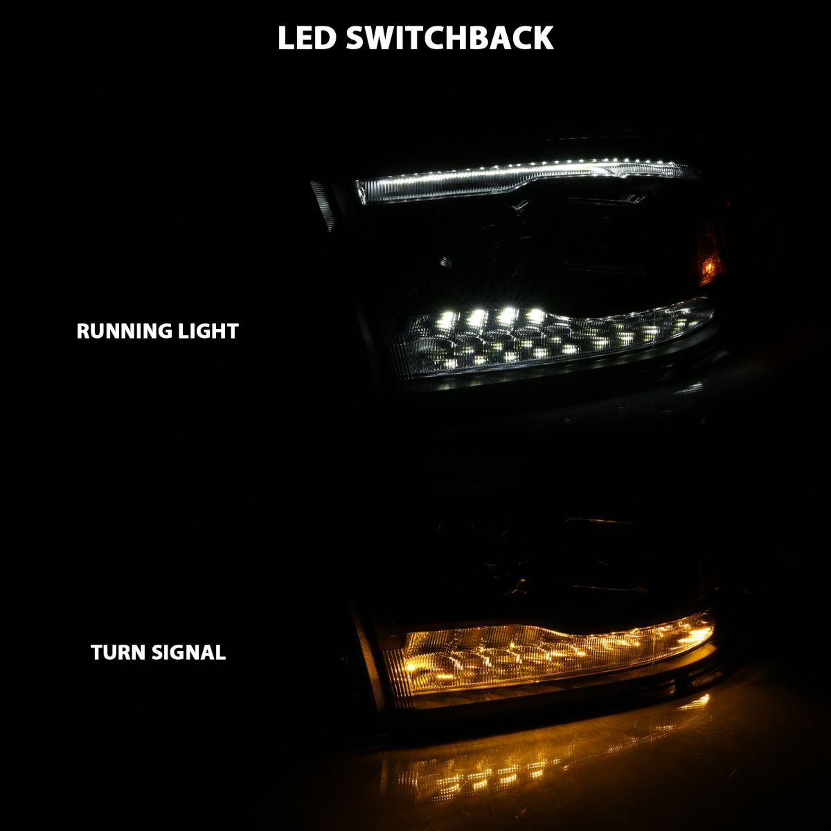2009-2022 DODGE RAM 1500/ 2010-2018 2500/3500 DUAL PROJECTOR SWITCHBACK HEADLIGHT BLACK AMBER (FOR ALL MODELS)
