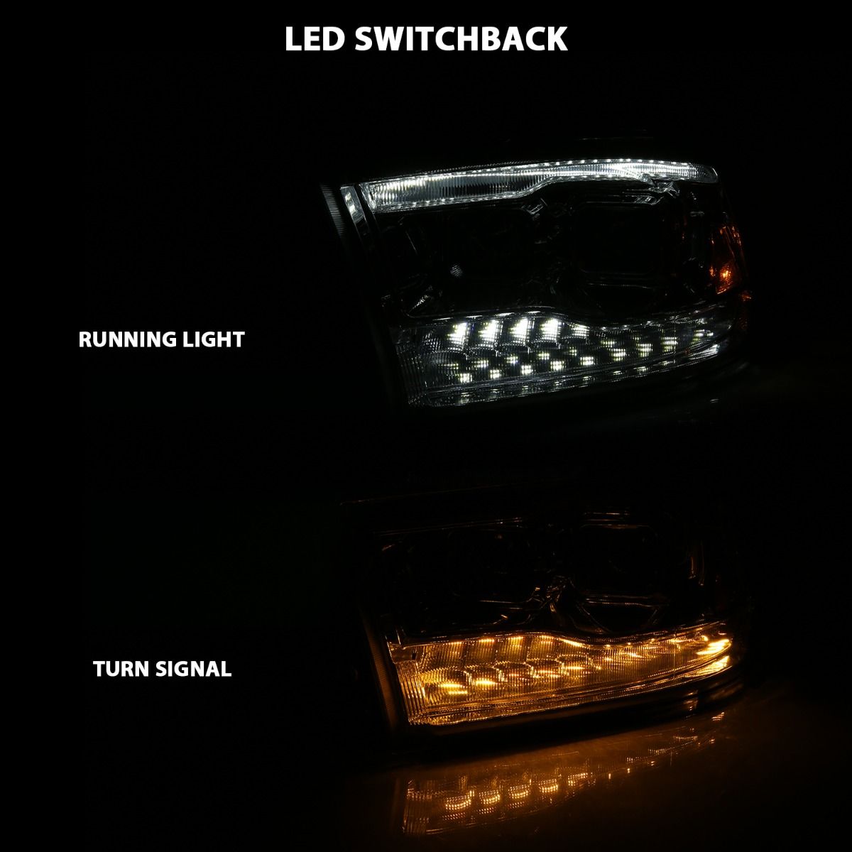 2009-2022 DODGE RAM 1500/ 2010-2018 2500/3500 DUAL PROJECTOR SWITCHBACK HEADLIGHTS CHROME AMBER (FOR ALL MODELS)