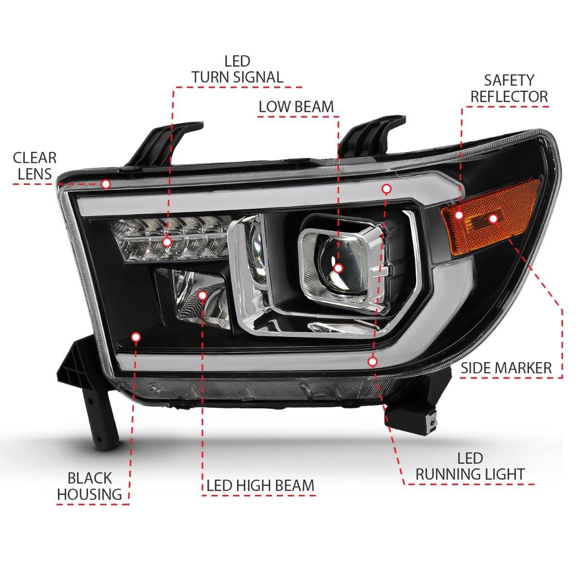 2007-2013 TOYOTA TUNDRA / 2008-2017 SEQUOIA HALOGEN PROJECTOR PLANK STYLE HEADLIGHTS BLACK (LED HIGH BEAM)