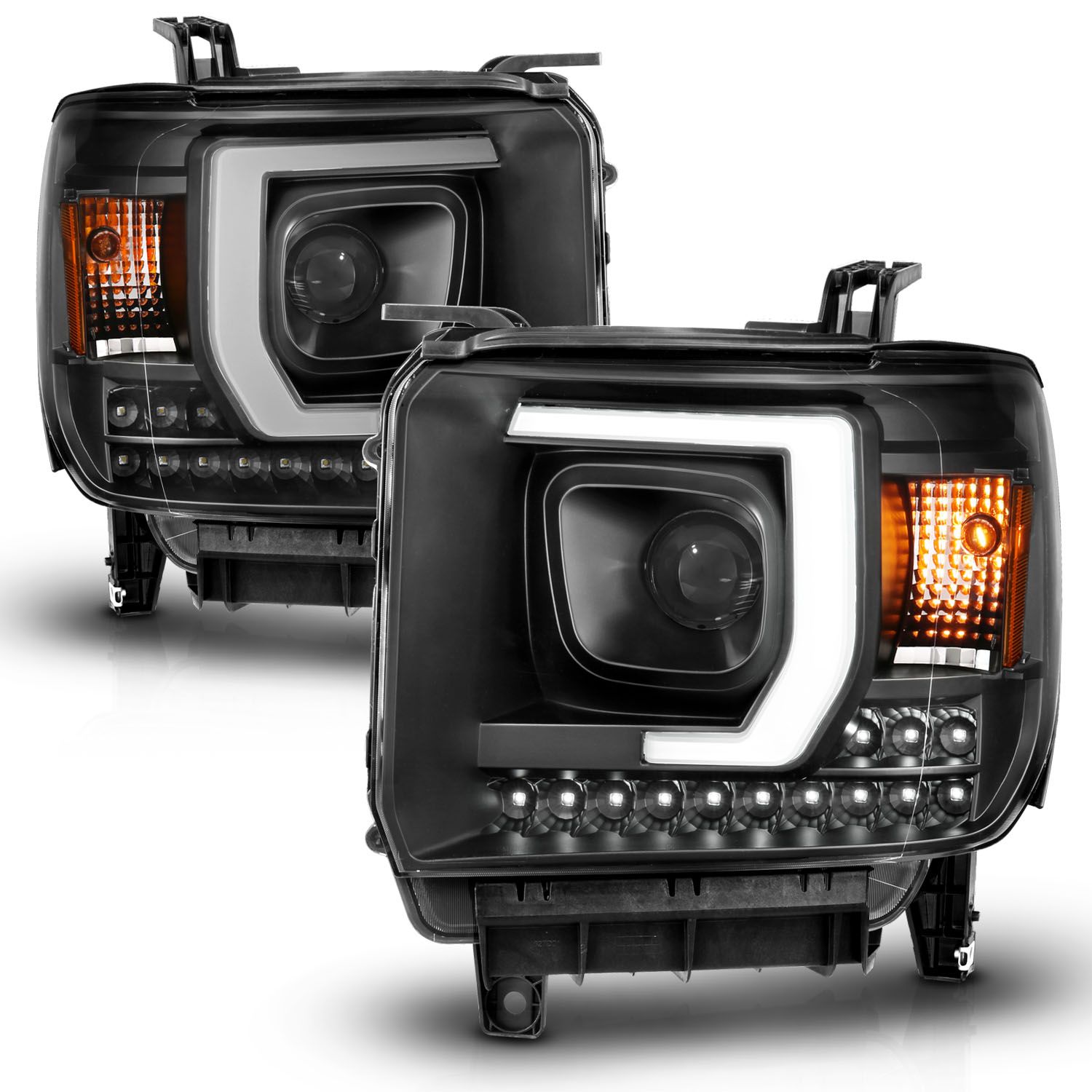 2014-2015 GMC SIERRA 1500/ 2015-2019 2500HD/3500HD PROJECTOR HEADLIGHTS BLACK W/ C BAR (FOR HALOGEN MODELS WITH OUT FACTORY LED DRL)