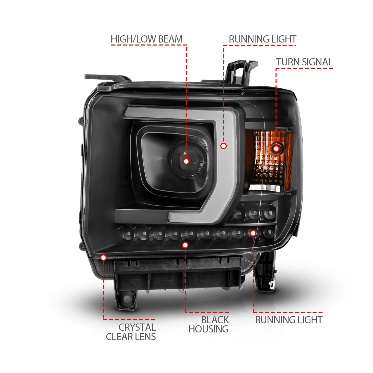 2014-2015 GMC SIERRA 1500/ 2015-2019 2500HD/3500HD PROJECTOR HEADLIGHTS BLACK W/ C BAR (FOR HALOGEN MODELS WITH OUT FACTORY LED DRL)