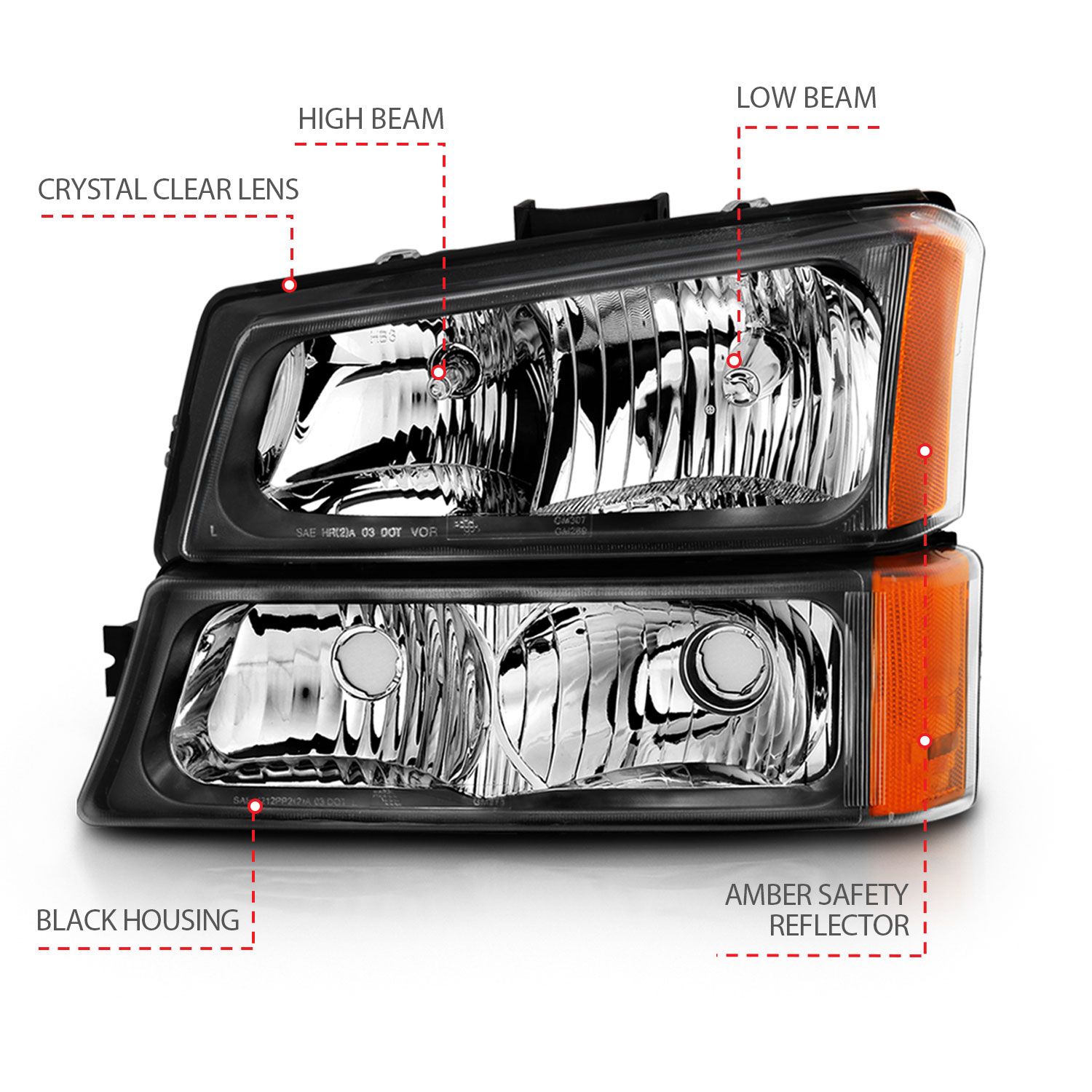 2003-2006 CHEVY SILVERADO CRYSTAL HEADLIGHTS WITH PARKING/SIGNAL LIGHT BLACK AMBER (4 PCS)