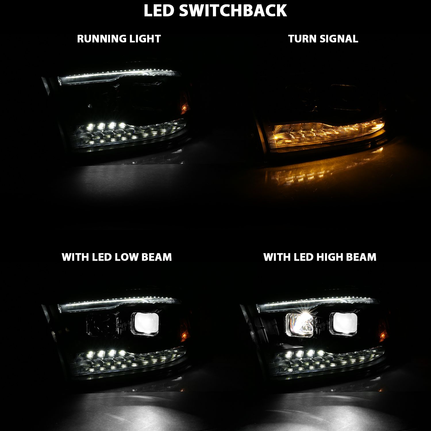 2009-2018 DODGE RAM 1500 /2010-2018 RAM 2500/3500 DUAL LED PROJECTOR SWITCHBACK HEADLIGHTS BLACK (FOR ALL MODELS)