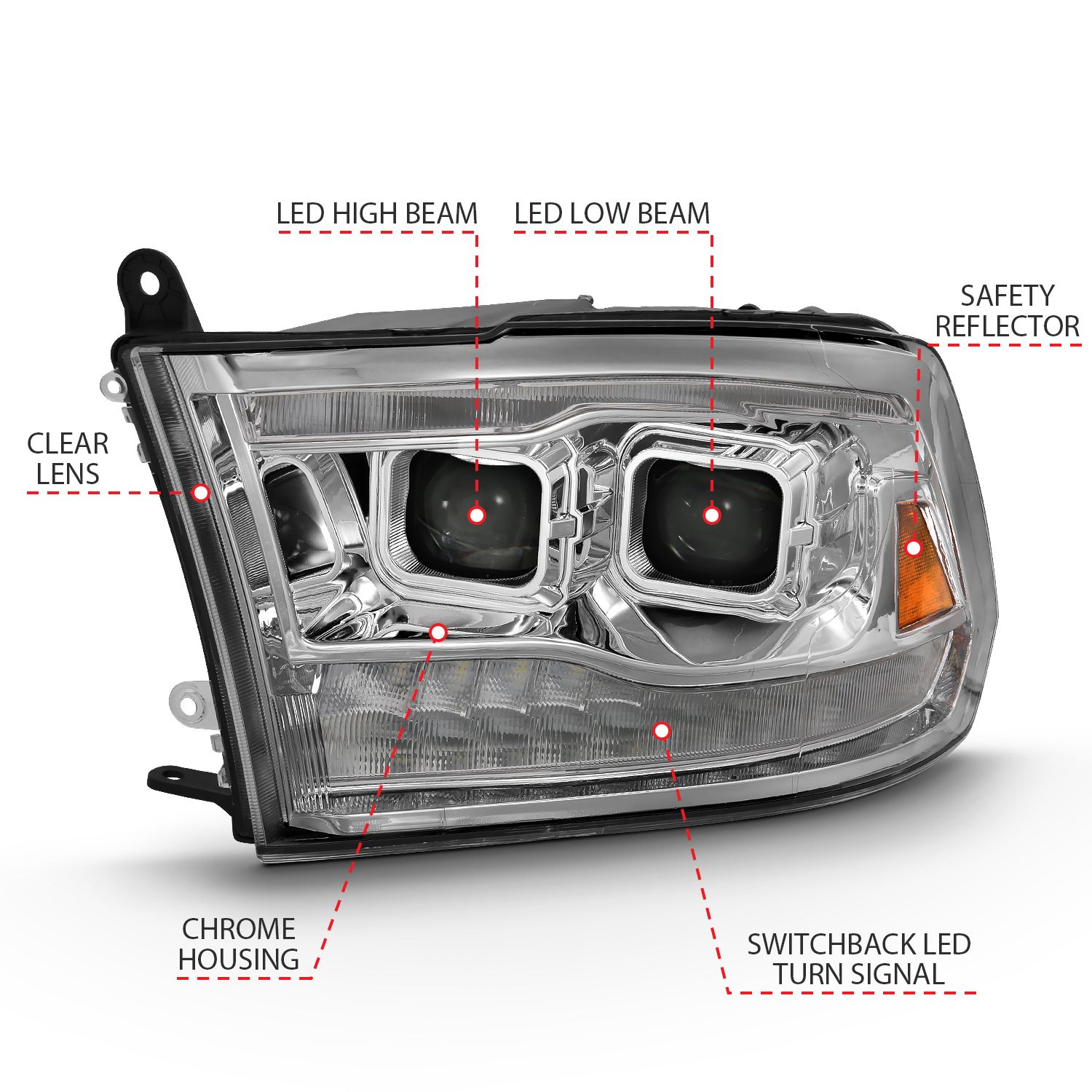 2009-2018 DODGE RAM 1500 /2010-2018 RAM 2500/3500 DUAL LED PROJECTOR SWITCHBACK HEADLIGHTS CHROME (FOR ALL MODELS)